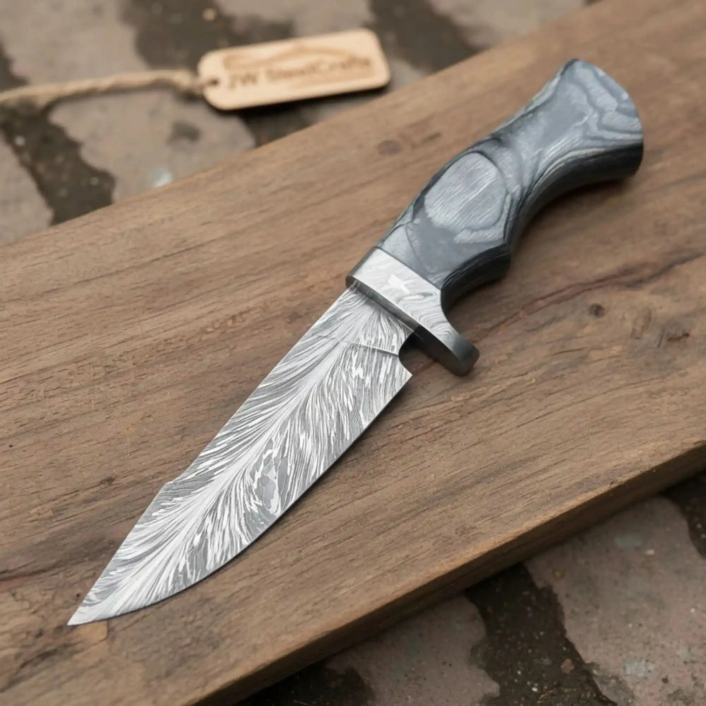 Bobcat Style Drop Point Hunting Knife Feather Damascus Blade Gray Pakka Wood Handle EDC Fixed Blade