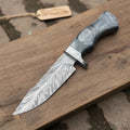 Bobcat Style Drop Point Hunting Knife Feather Damascus Blade Gray Pakka Wood Handle EDC Fixed Blade