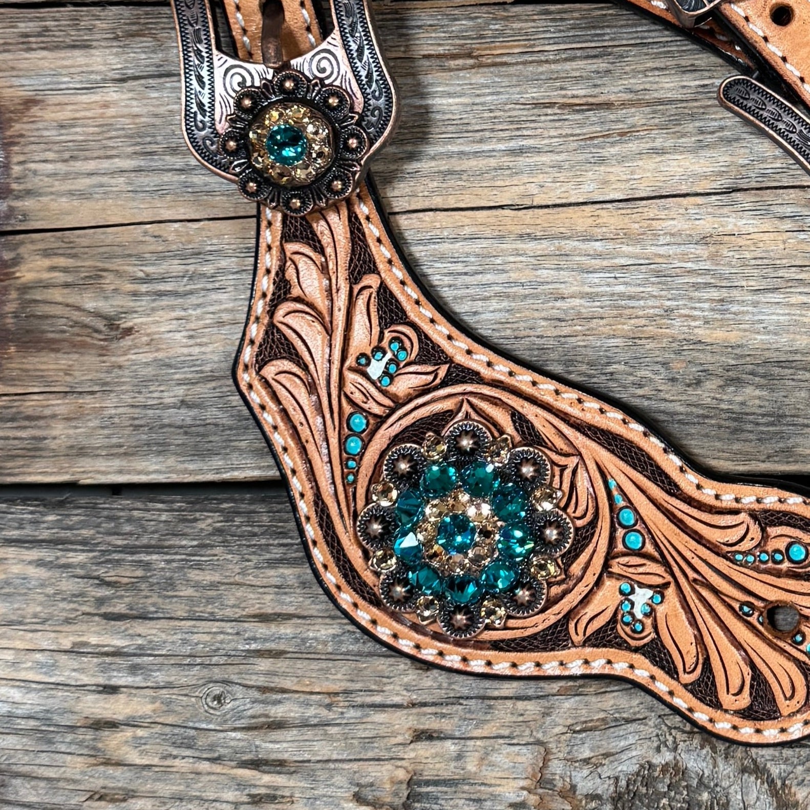 Floral Teal Dot Spur Straps - Copper Teal, Champagne #SS133 — view 2