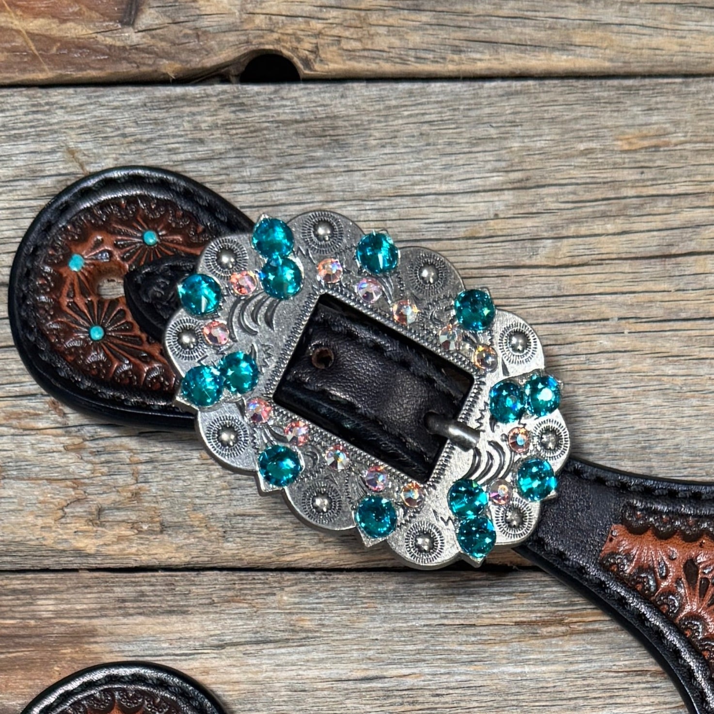 Teal Dot Diamond Antique Silver Teal, AB Spur Straps #SS137 — view 2