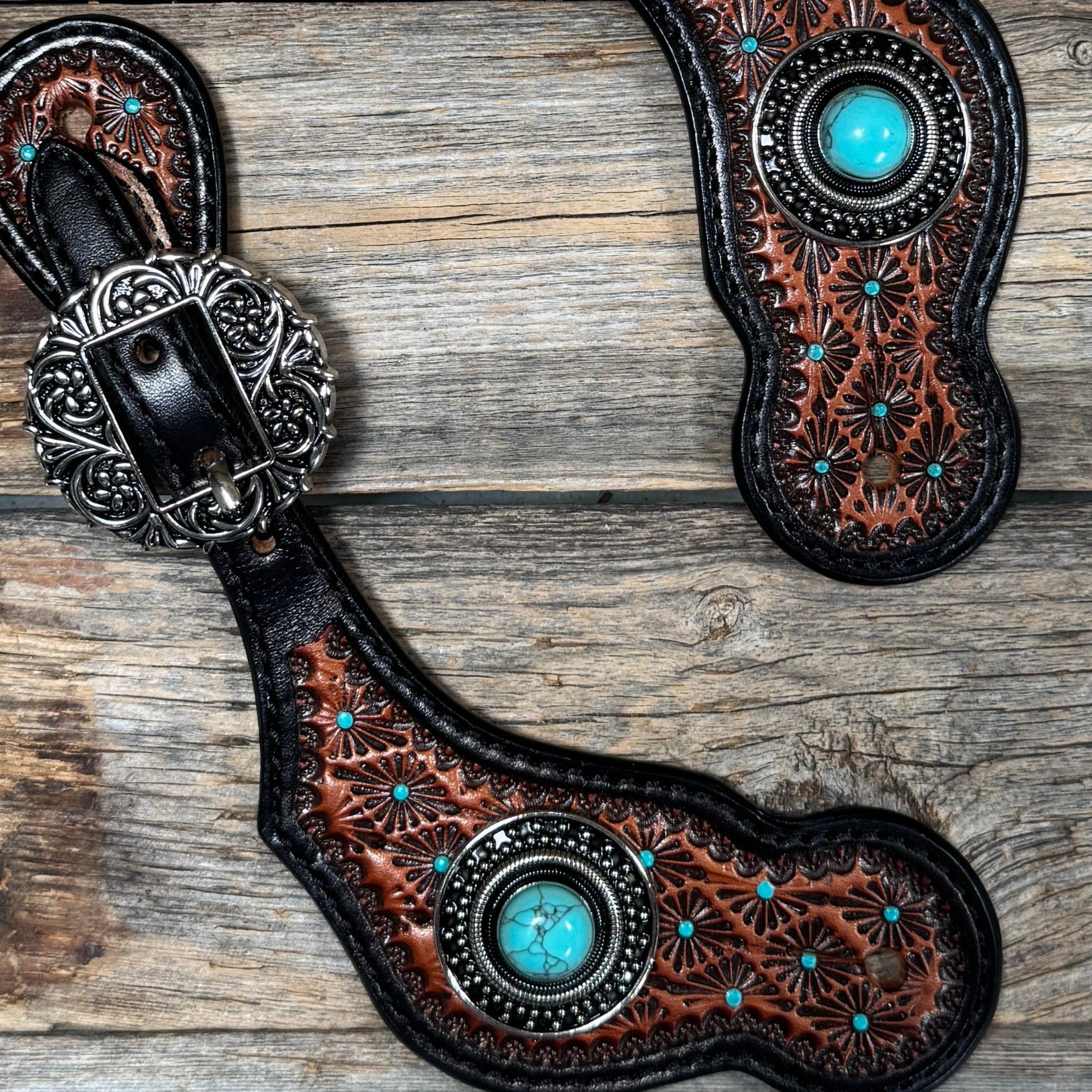Teal Dot Diamond Antique Silver Turquoise Western Conchos Spur Straps #SS138 — view 2