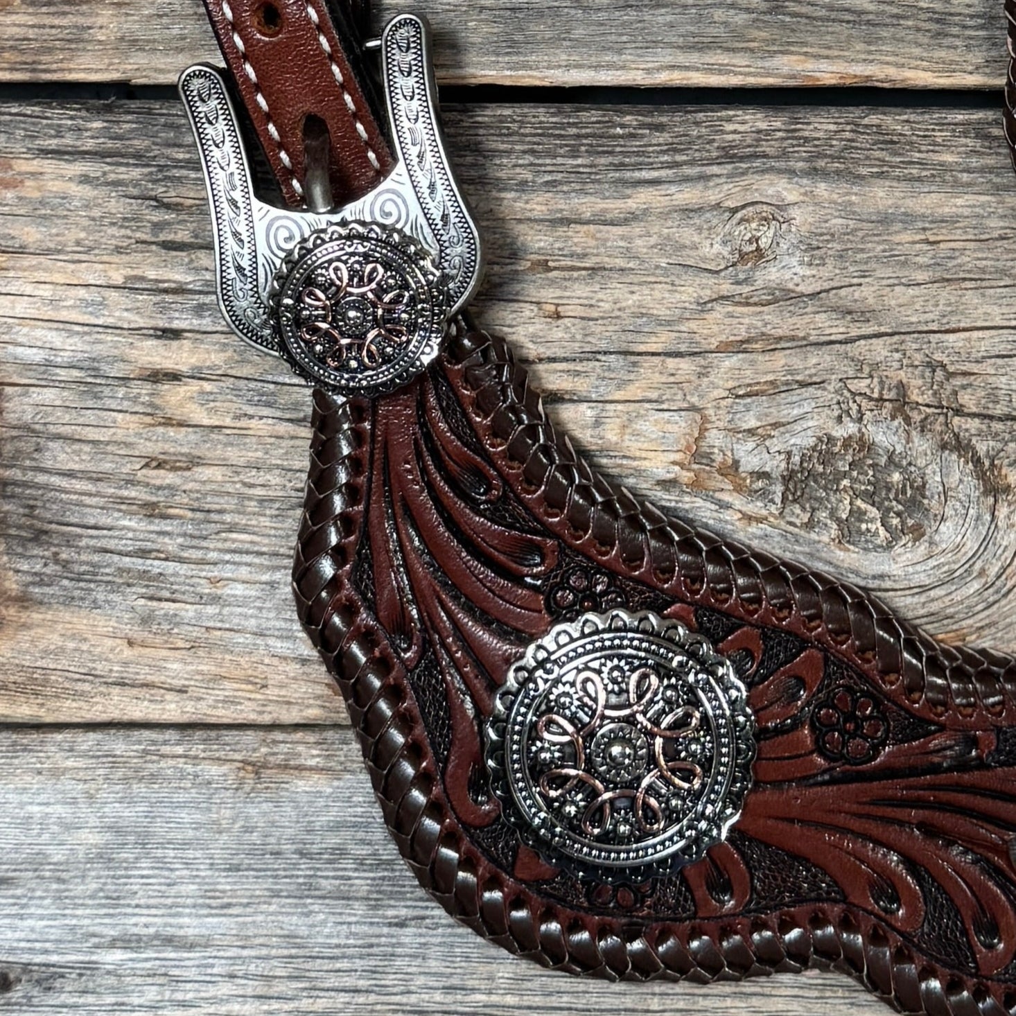 Dark Oil Whipstitch Copper Flower Spur Straps - Western Conchos #SS135 — view 2