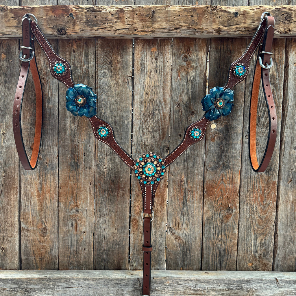 Medium Oil Basketweave Teal, Champagne Browband/One Ear Tack Set #BBBC671 — view 8