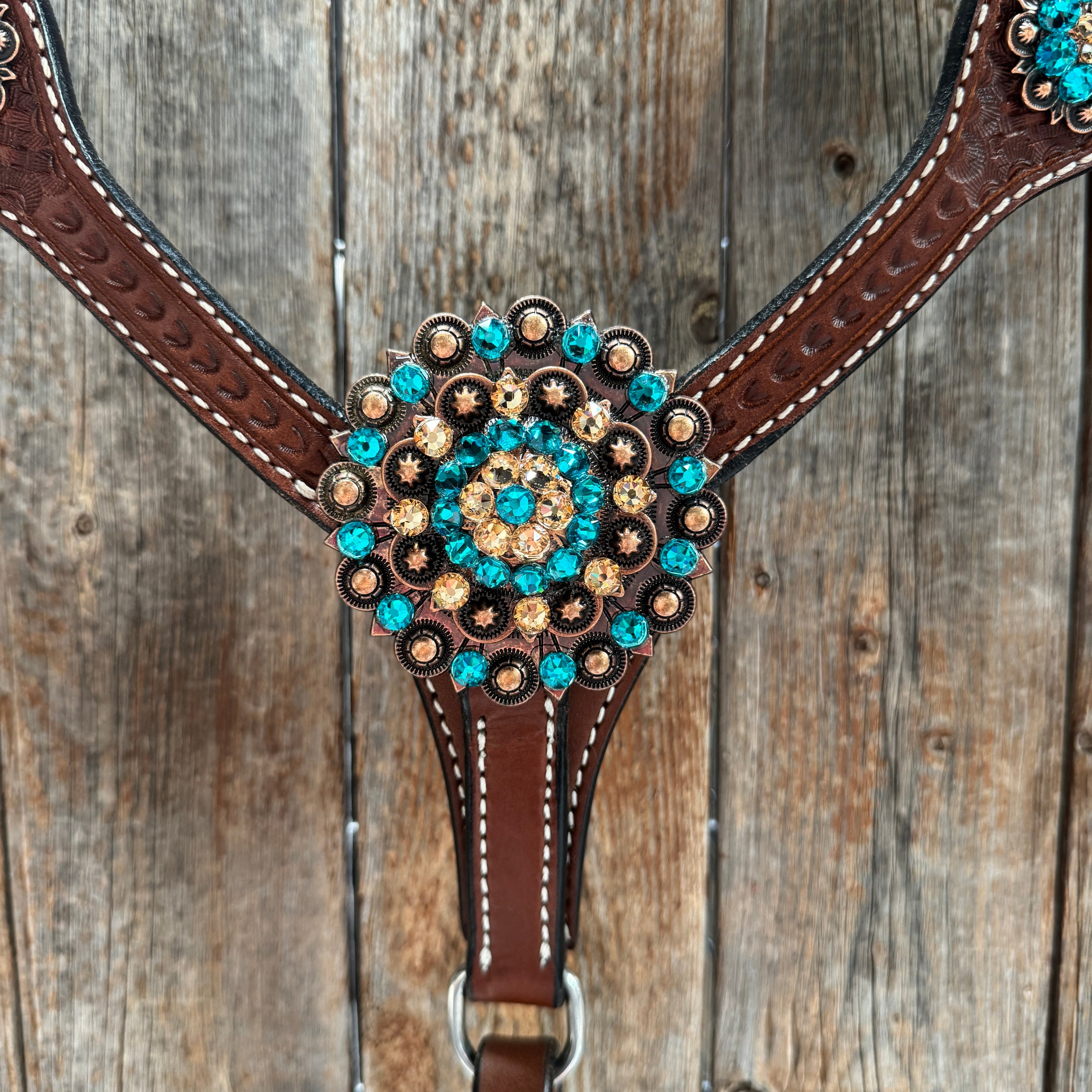 Medium Oil Basketweave Teal, Champagne Browband/One Ear Tack Set #BBBC671 — view 10
