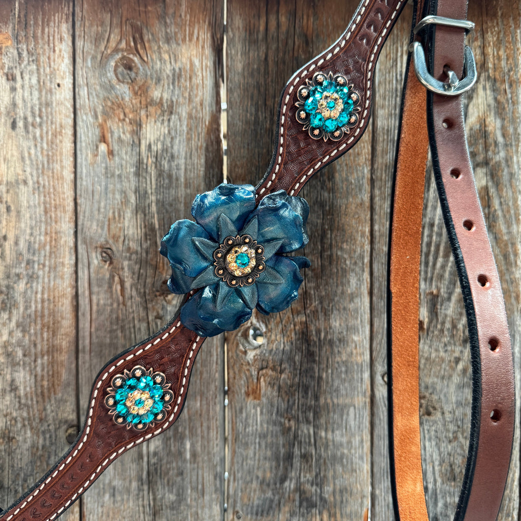Medium Oil Basketweave Teal, Champagne Browband/One Ear Tack Set #BBBC671 — view 9