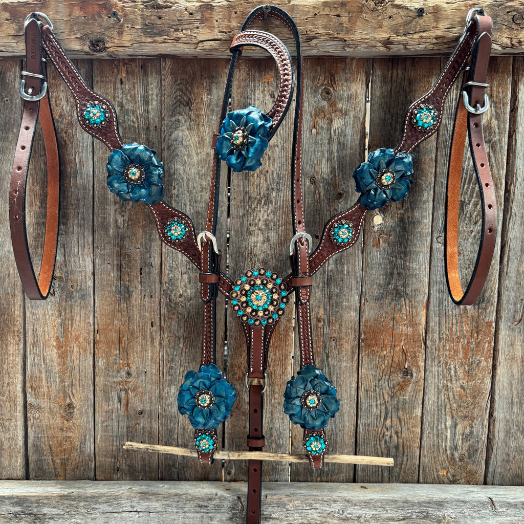 Medium Oil Basketweave Teal, Champagne Browband/One Ear Tack Set #BBBC671 — view 2