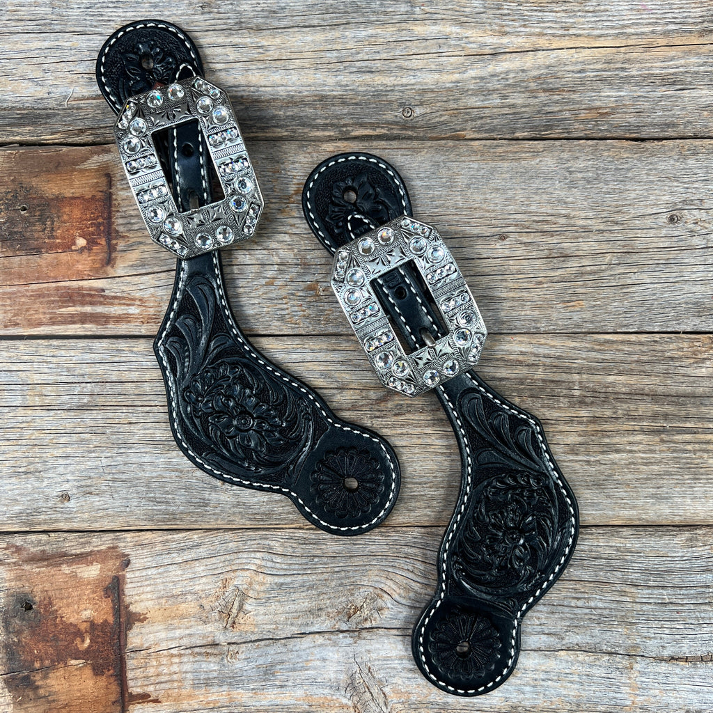 Black Floral Tooled Spur Straps - European Clear Buckles #SS107