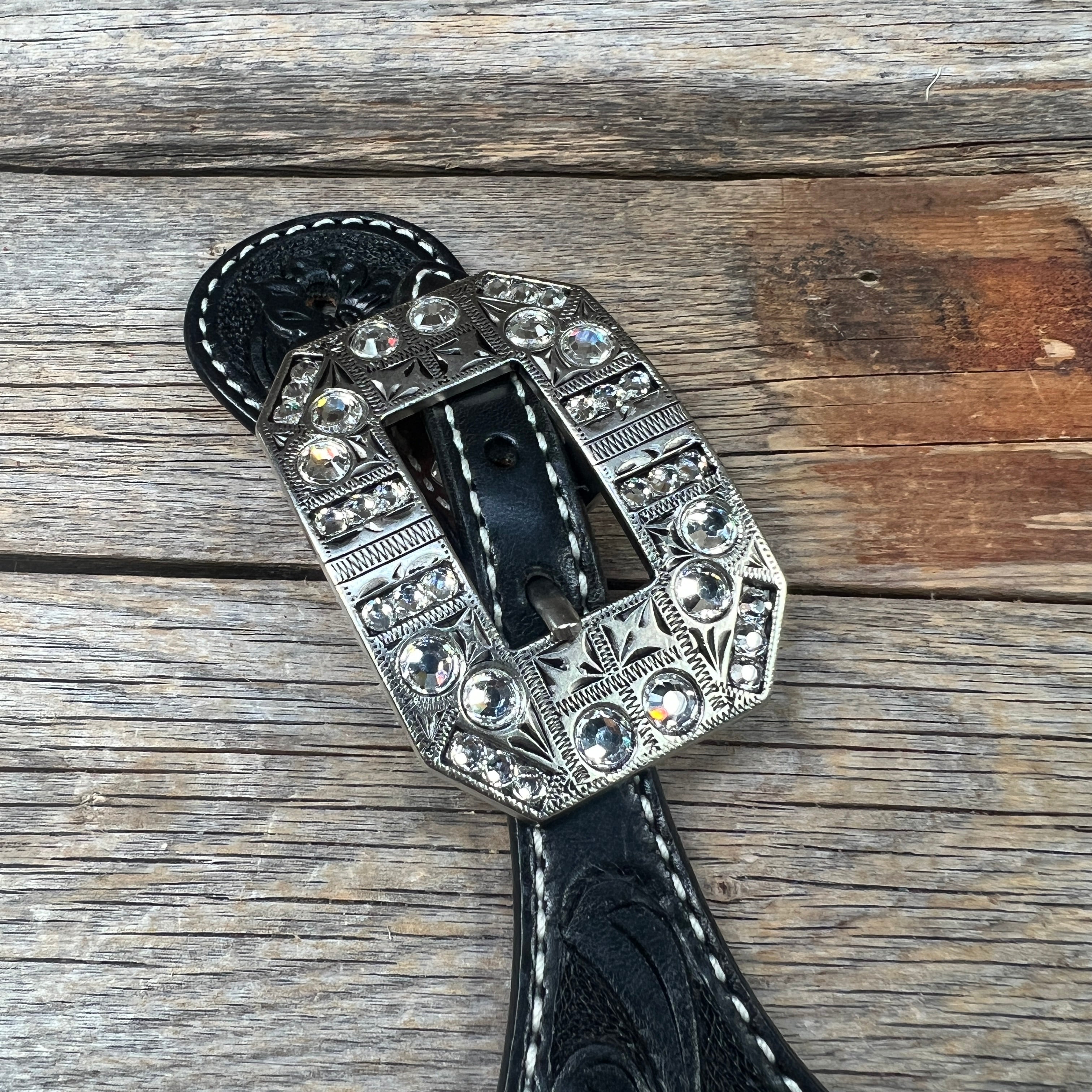 Black Floral Tooled Spur Straps - European Clear Buckles #SS107 — view 2