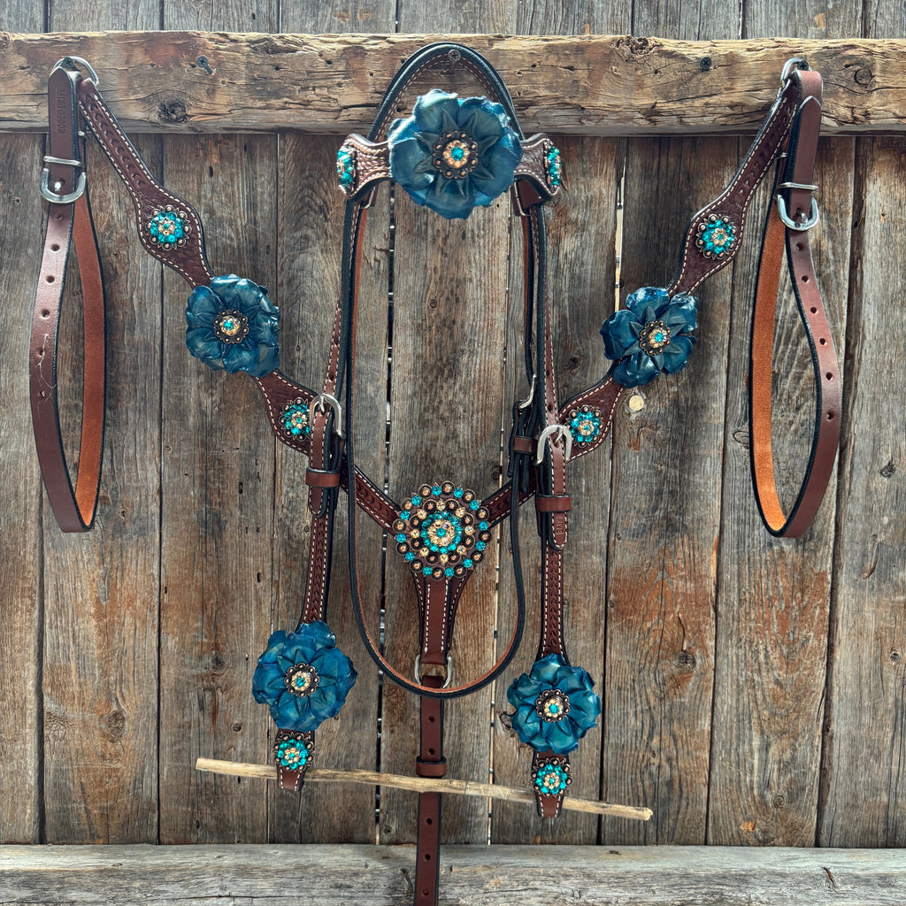 Medium Oil Basketweave Teal, Champagne Browband/One Ear Tack Set #BBBC671