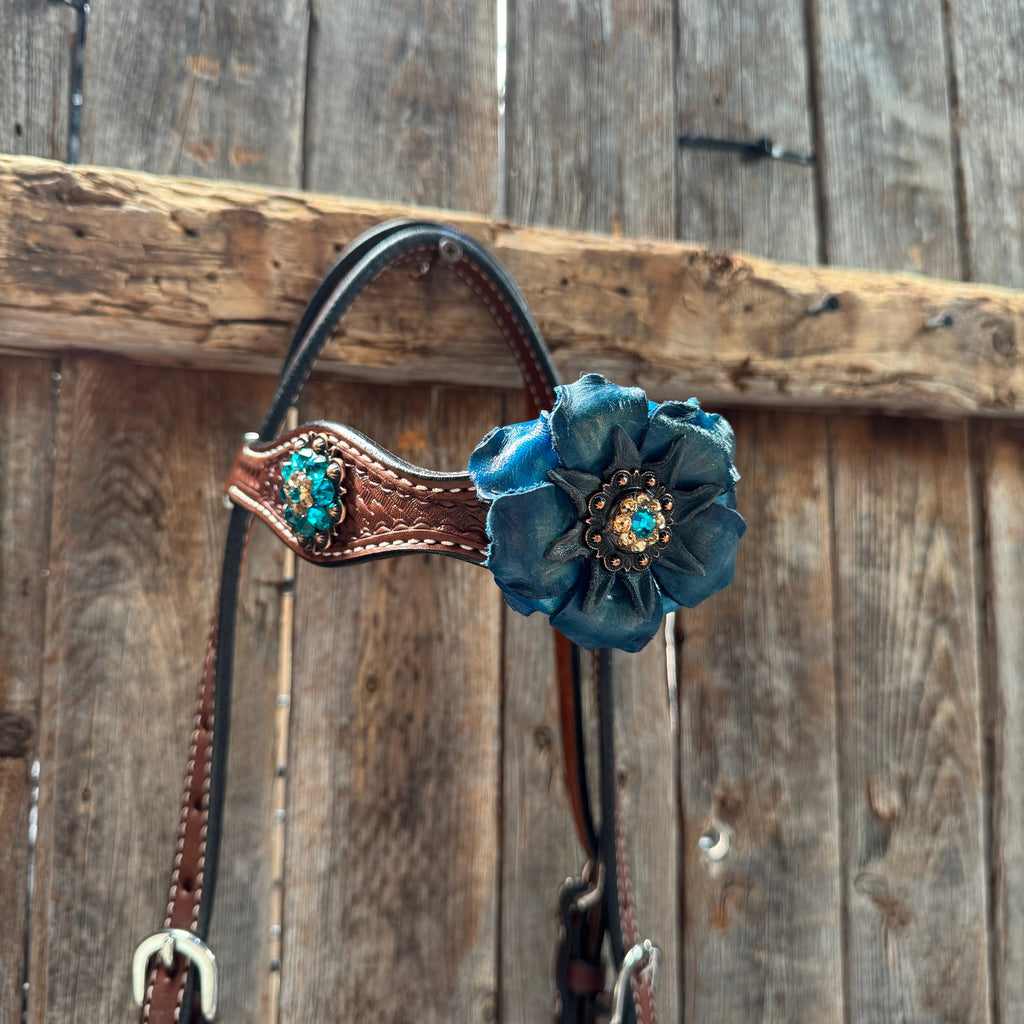 Medium Oil Basketweave Teal, Champagne Browband/One Ear Tack Set #BBBC671 — view 4