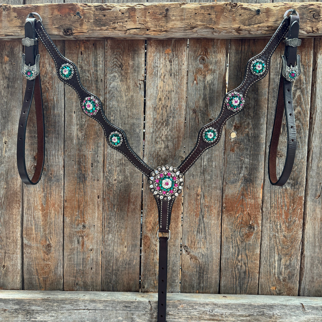 Dark Oil Basketweave Fuchsia, Clear, Emerald Browband/One Ear Tack Set #BBBC673 — view 8