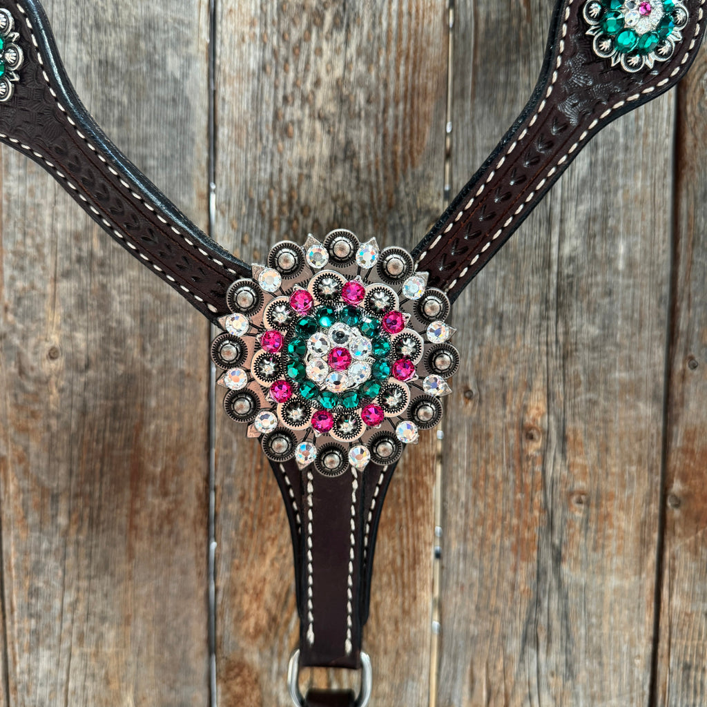 Dark Oil Basketweave Fuchsia, Clear, Emerald Browband/One Ear Tack Set #BBBC673 — view 10