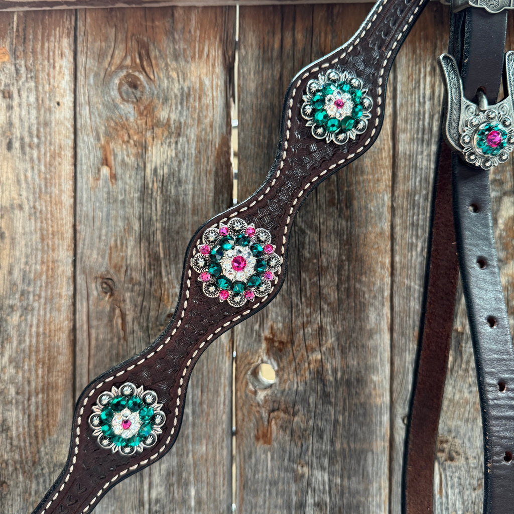 Dark Oil Basketweave Fuchsia, Clear, Emerald Browband/One Ear Tack Set #BBBC673 — view 9