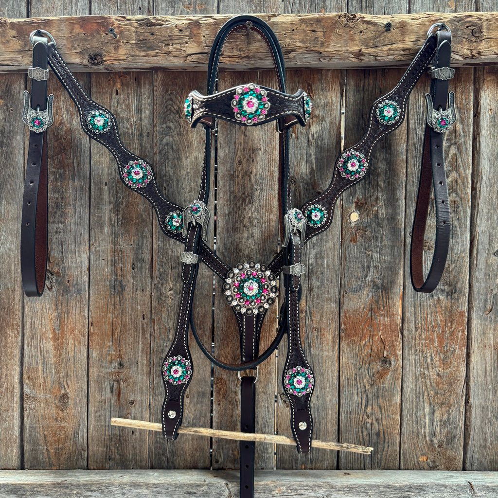 Dark Oil Basketweave Fuchsia, Clear, Emerald Browband/One Ear Tack Set #BBBC673