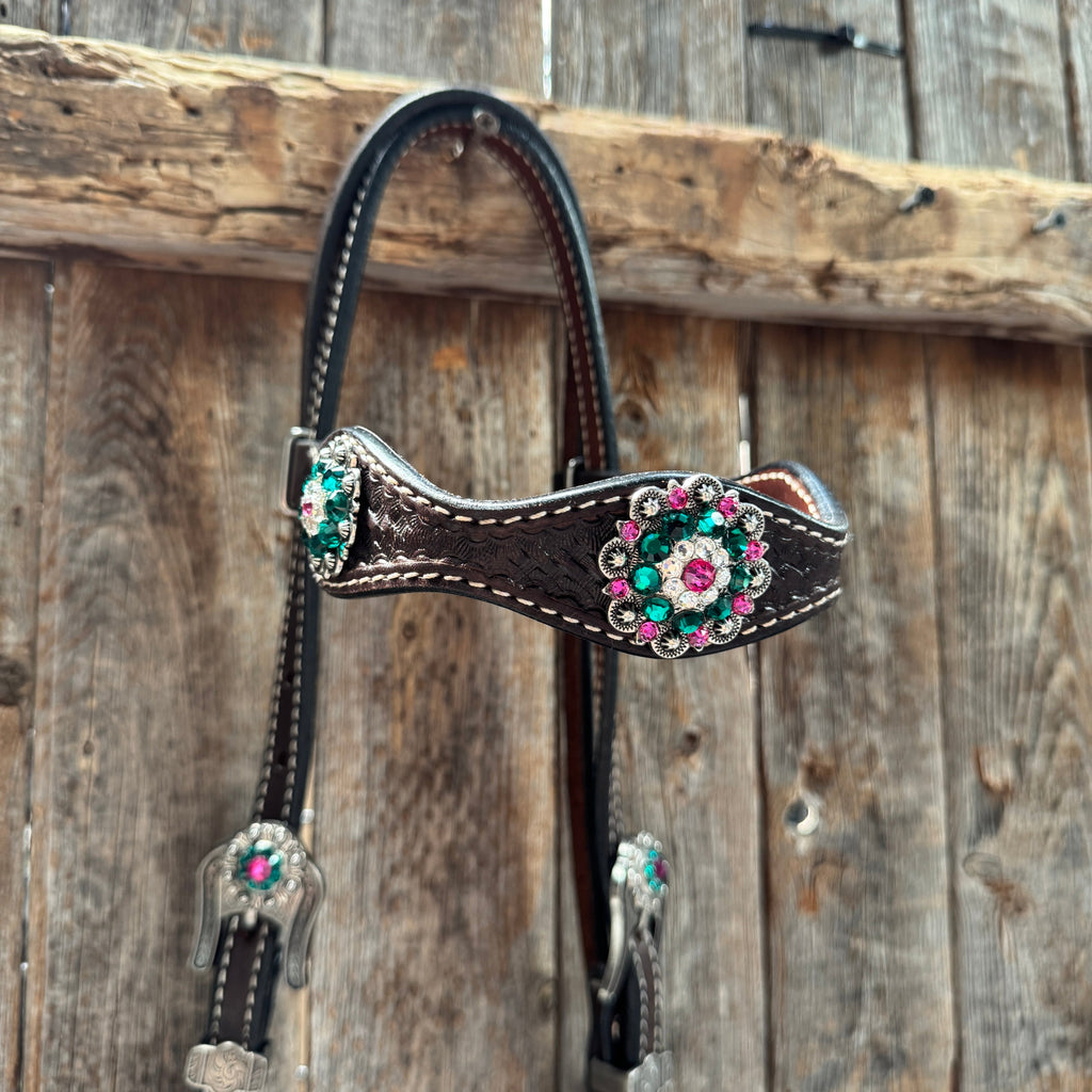 Dark Oil Basketweave Fuchsia, Clear, Emerald Browband/One Ear Tack Set #BBBC673 — view 4