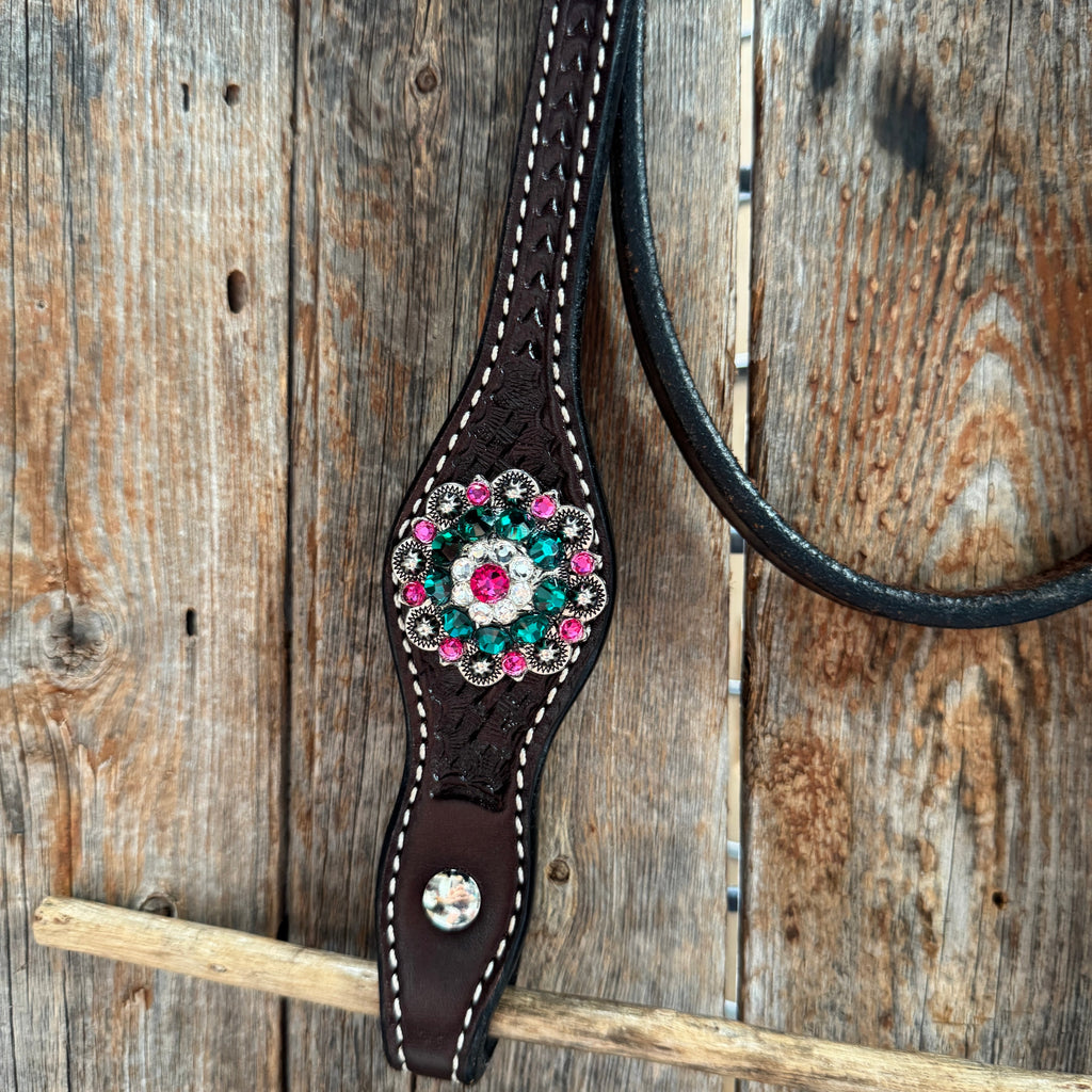 Dark Oil Basketweave Fuchsia, Clear, Emerald Browband/One Ear Tack Set #BBBC673 — view 5