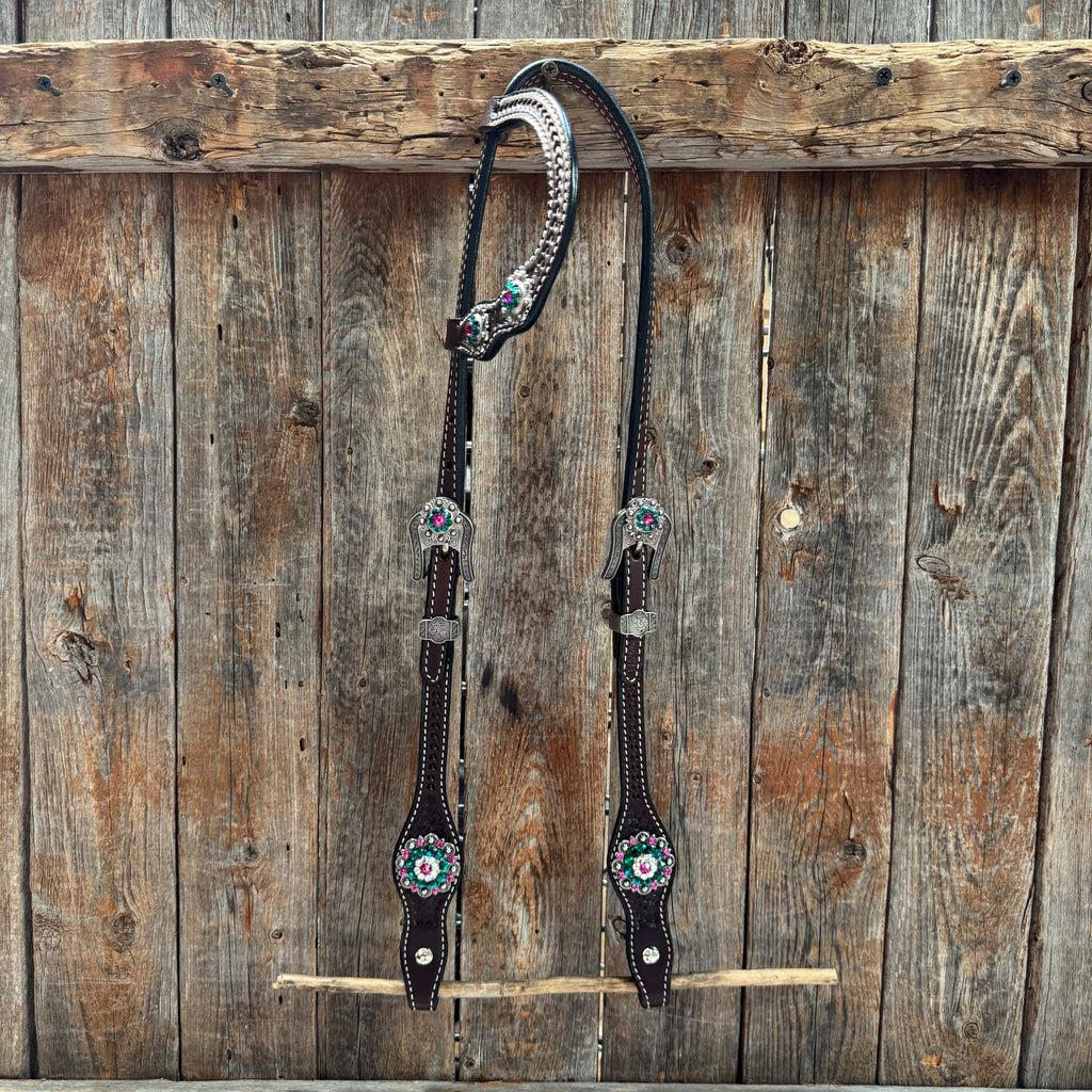 Dark Oil Basketweave Fuchsia, Clear, Emerald Browband/One Ear Tack Set #BBBC673 — view 6