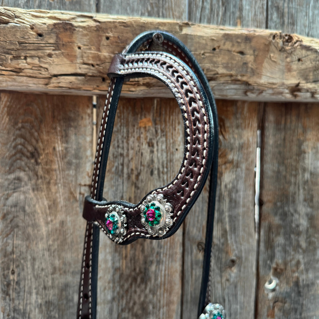 Dark Oil Basketweave Fuchsia, Clear, Emerald Browband/One Ear Tack Set #BBBC673 — view 7