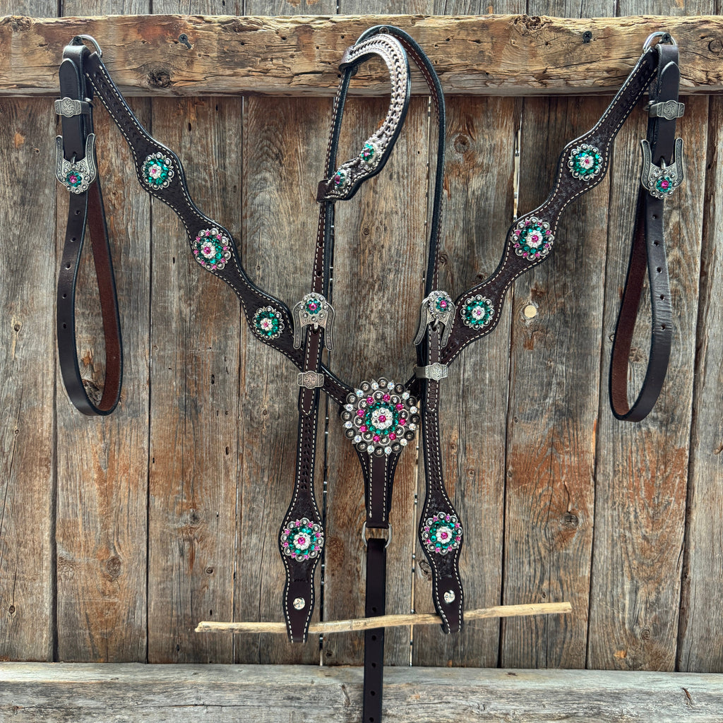Dark Oil Basketweave Fuchsia, Clear, Emerald Browband/One Ear Tack Set #BBBC673 — view 2