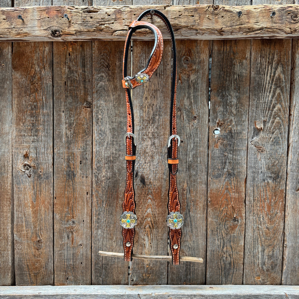 Light Oil Floral Gold Cross, Turquoise Browband/One Ear Breastcollar Tack Set #BBBC676 — view 6