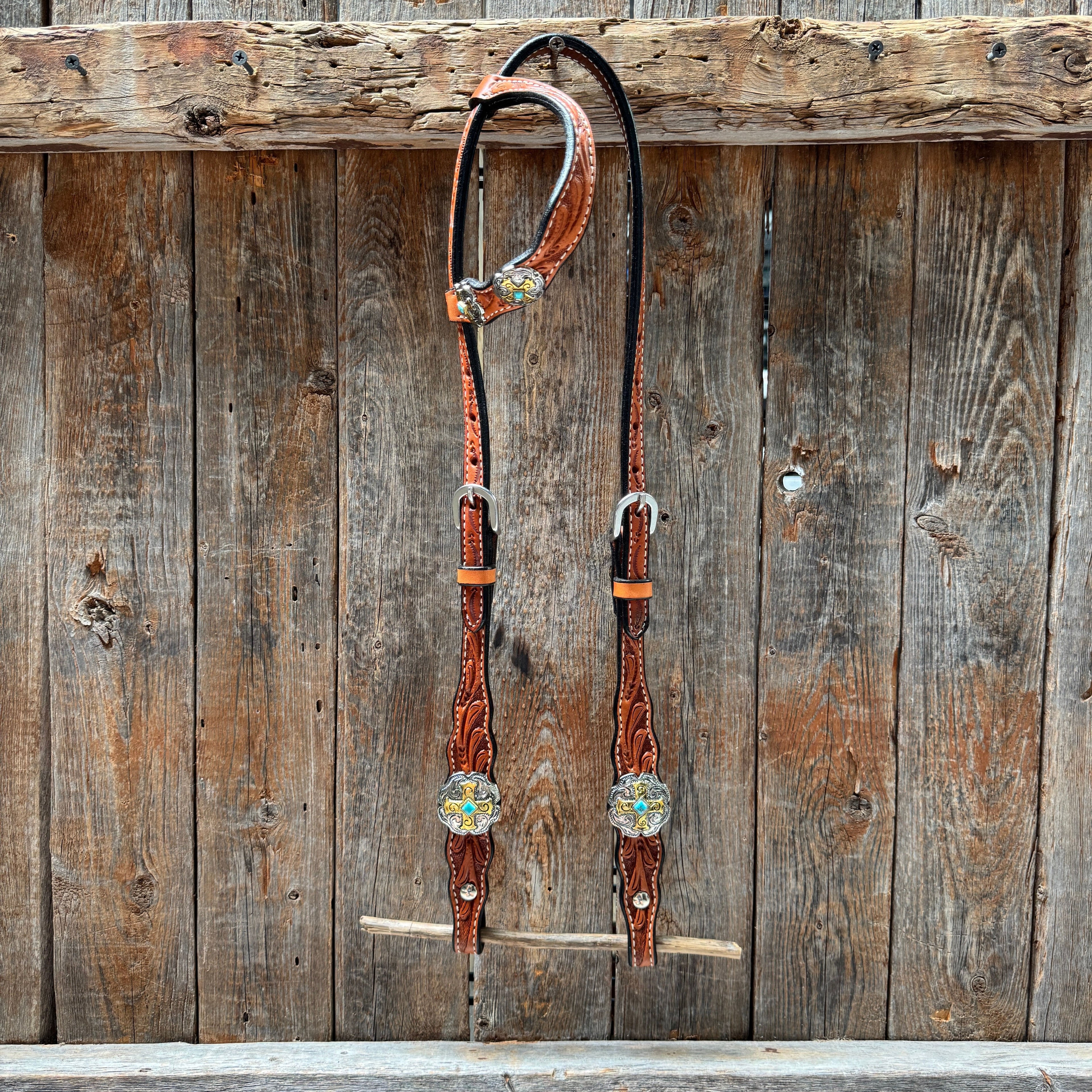 Light Oil Floral Gold Cross, Turquoise Browband/One Ear Breastcollar Tack Set #BBBC676 — view 6
