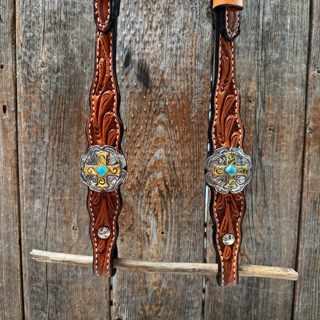 Light Oil Floral Gold Cross, Turquoise Browband/One Ear Breastcollar Tack Set #BBBC676 — view 5