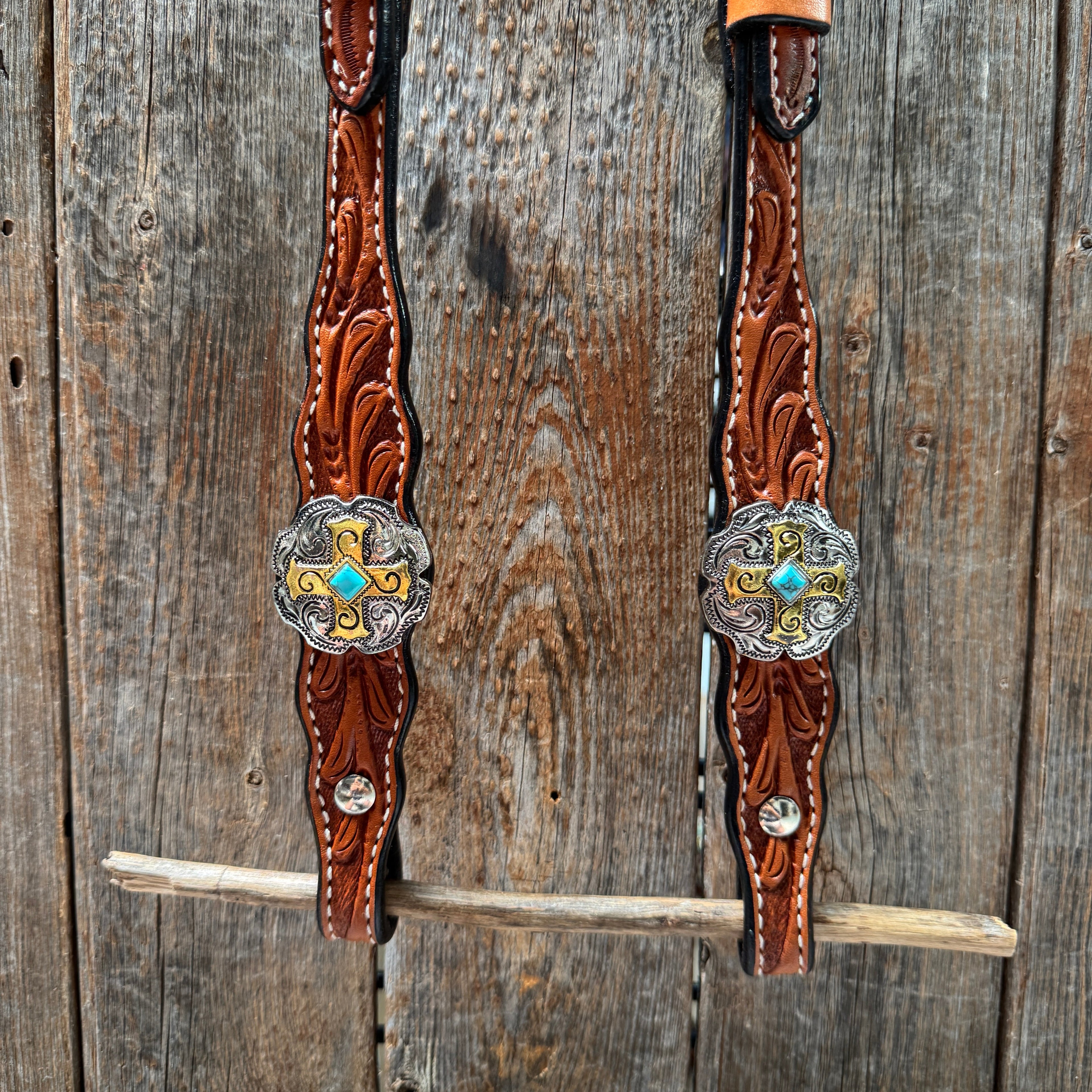 Light Oil Floral Gold Cross, Turquoise Browband/One Ear Breastcollar Tack Set #BBBC676 — view 5