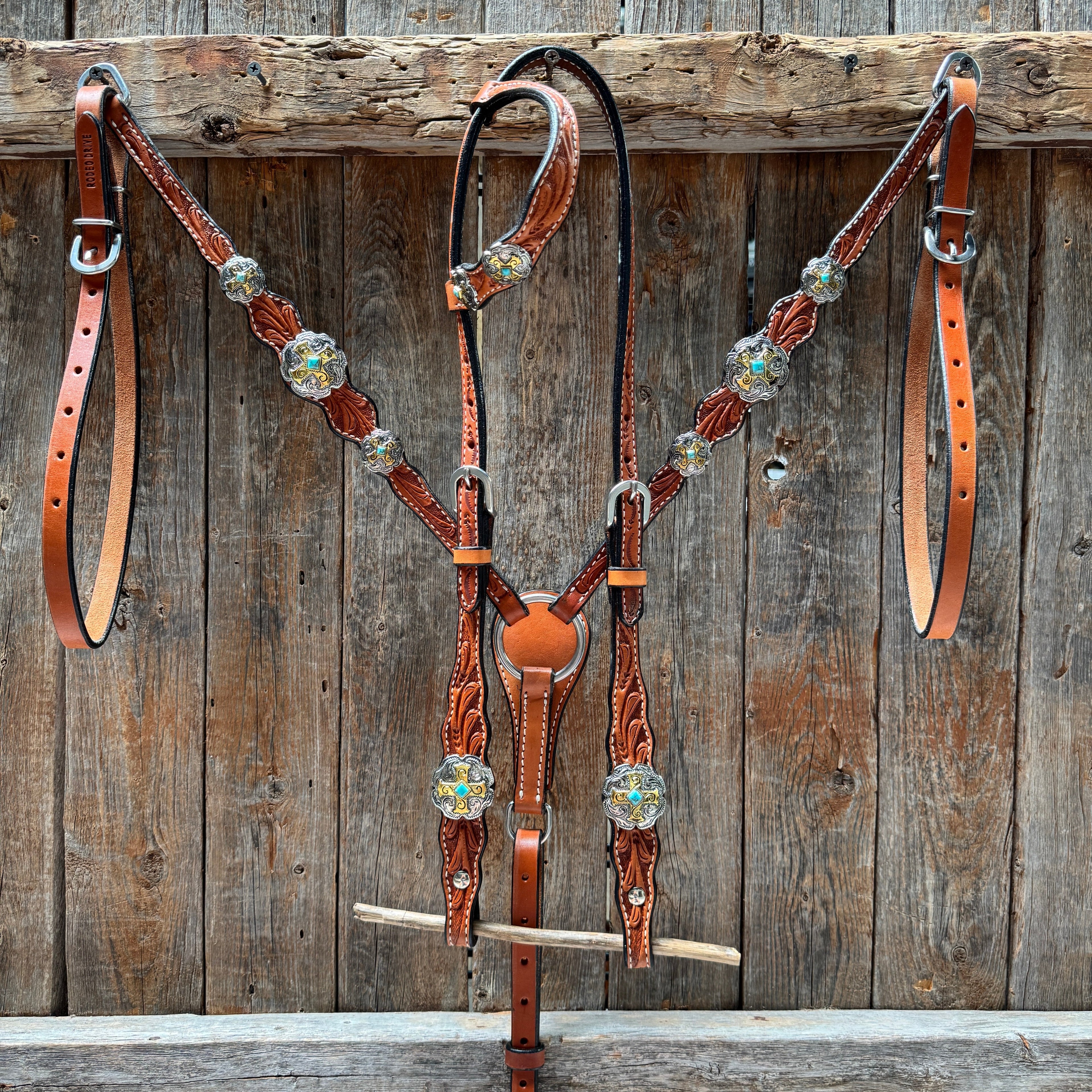Light Oil Floral Gold Cross, Turquoise Browband/One Ear Breastcollar Tack Set #BBBC676 — view 2