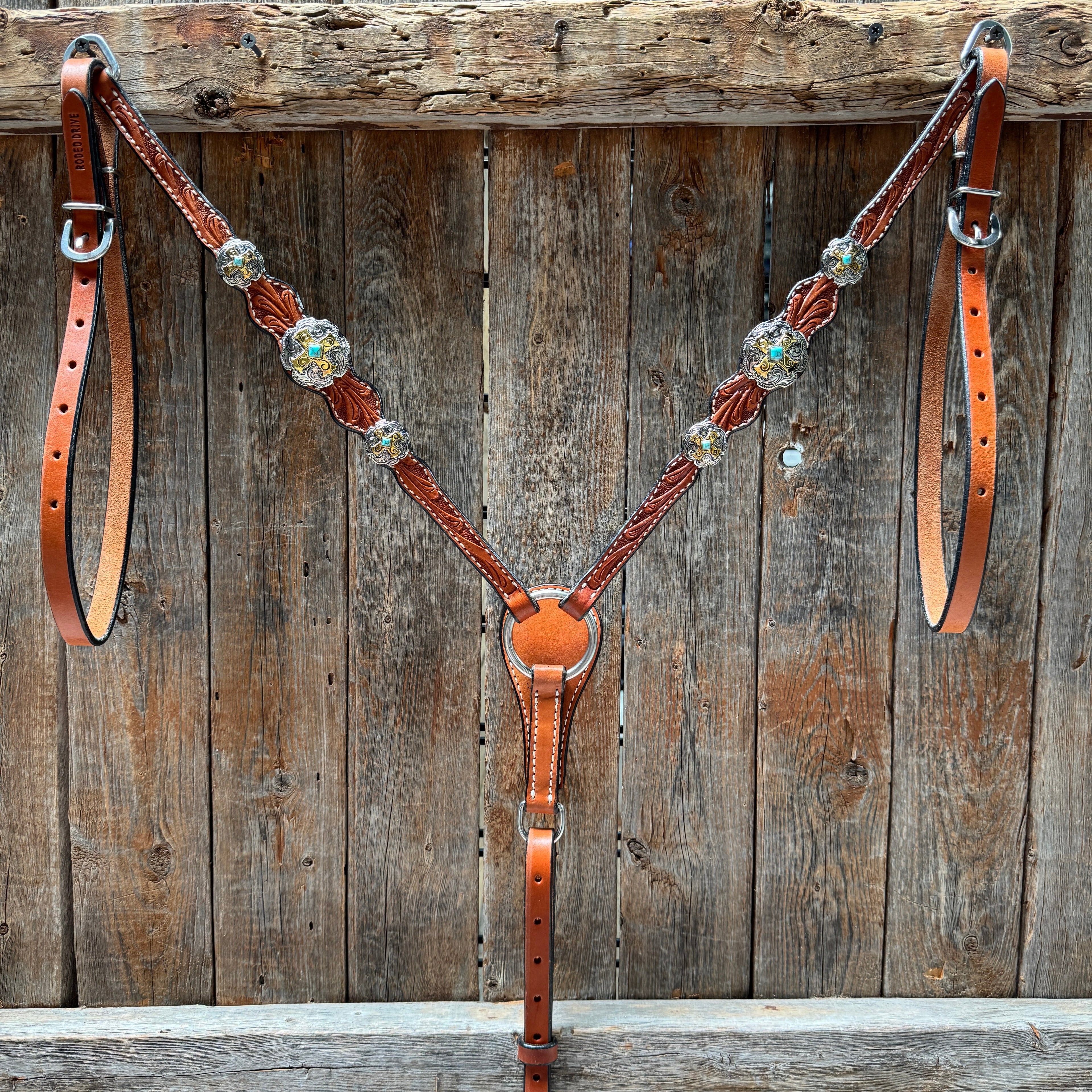 Light Oil Floral Gold Cross, Turquoise Browband/One Ear Breastcollar Tack Set #BBBC676 — view 8