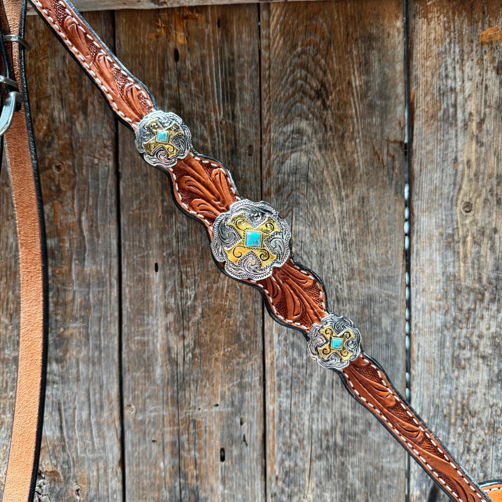 Light Oil Floral Gold Cross, Turquoise Browband/One Ear Breastcollar Tack Set #BBBC676 — view 9