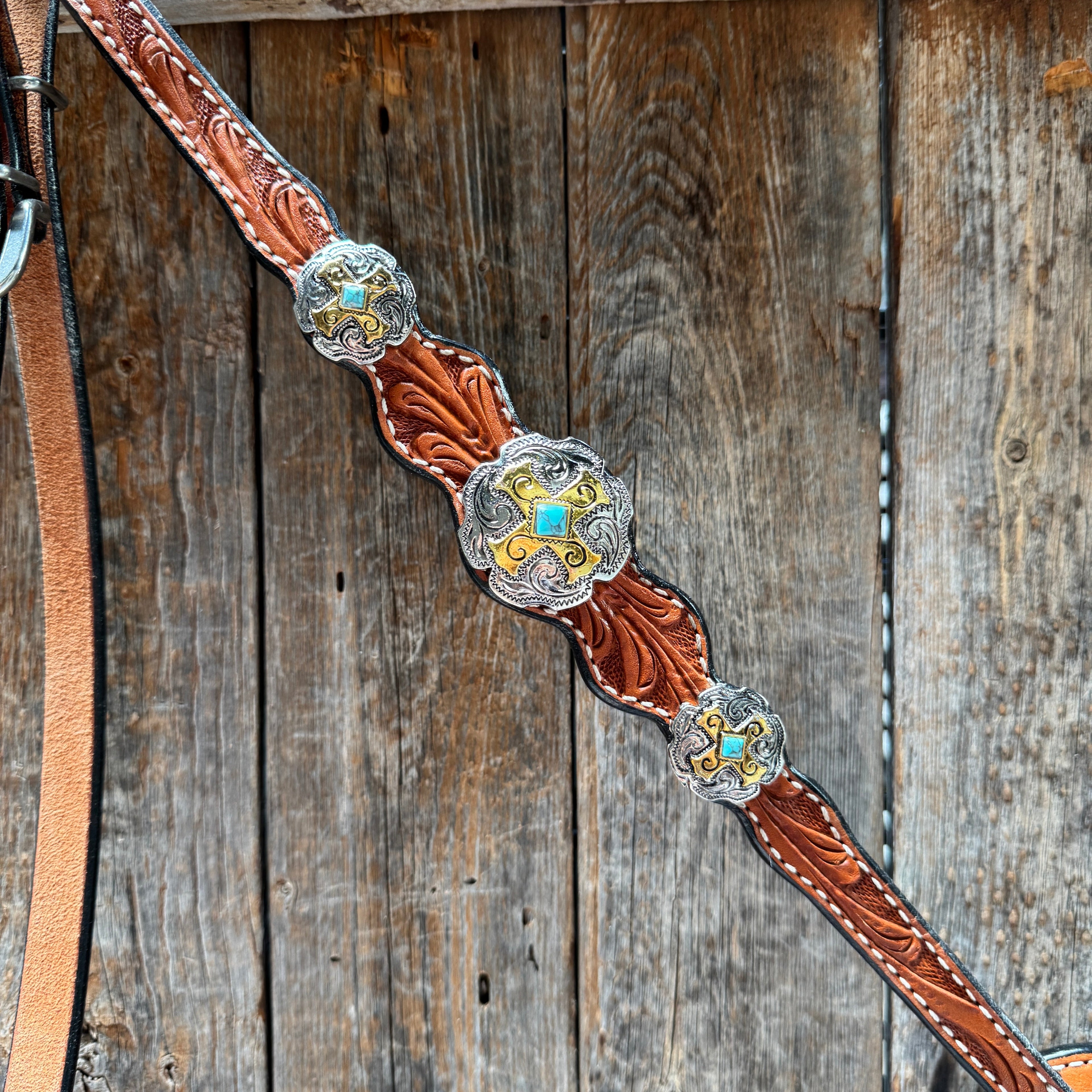 Light Oil Floral Gold Cross, Turquoise Browband/One Ear Breastcollar Tack Set #BBBC676 — view 9