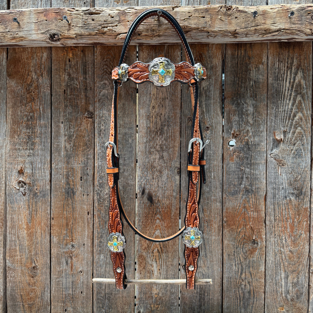 Light Oil Floral Gold Cross, Turquoise Browband/One Ear Breastcollar Tack Set #BBBC676 — view 3