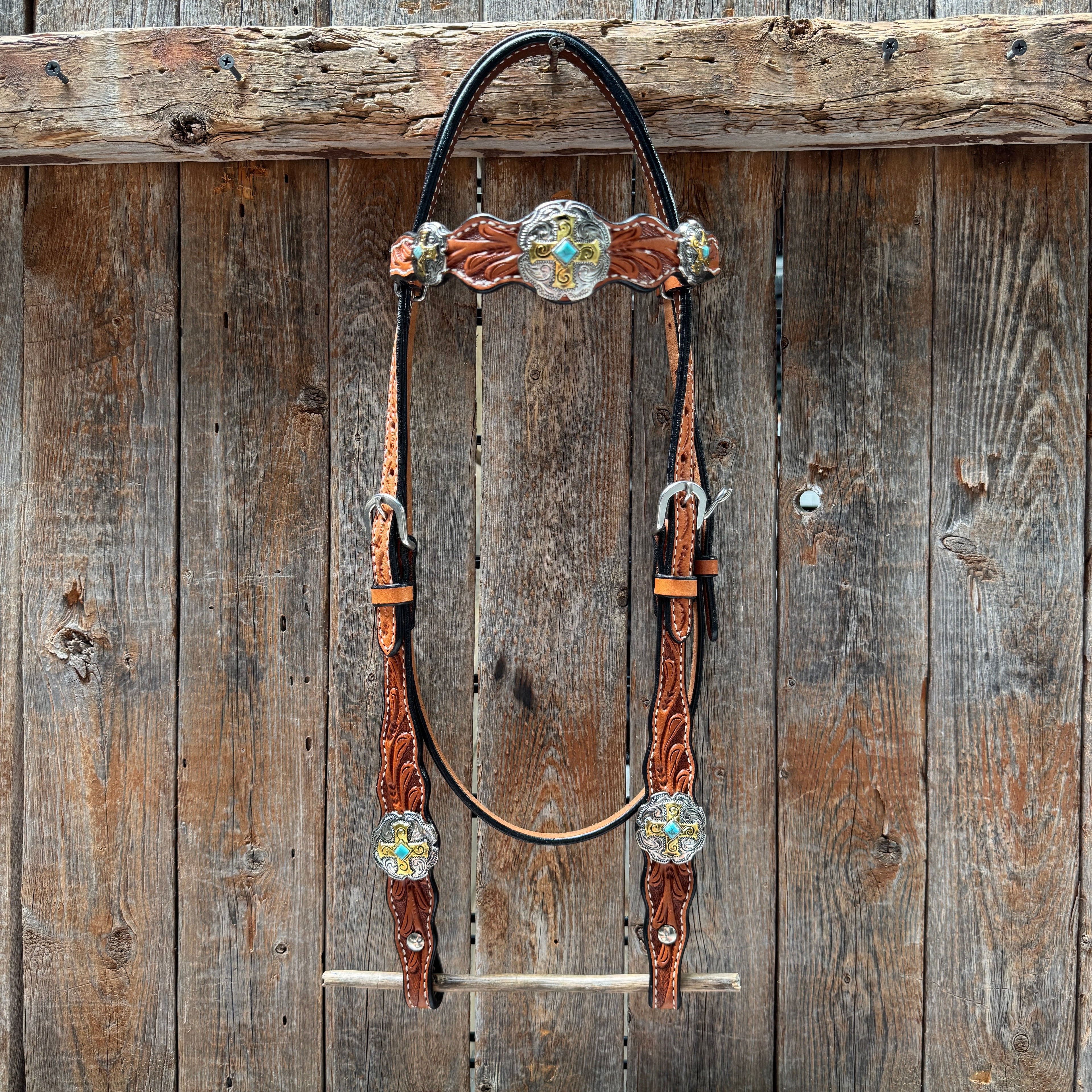 Light Oil Floral Gold Cross, Turquoise Browband/One Ear Breastcollar Tack Set #BBBC676 — view 3