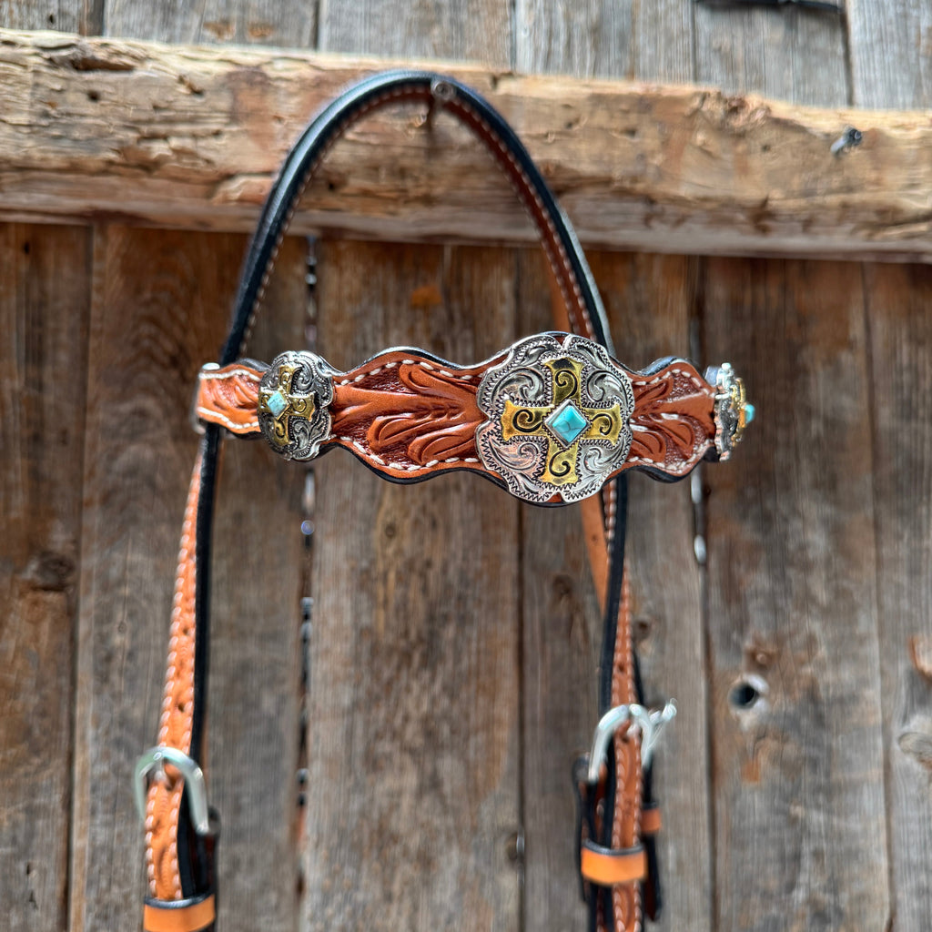 Light Oil Floral Gold Cross, Turquoise Browband/One Ear Breastcollar Tack Set #BBBC676 — view 4