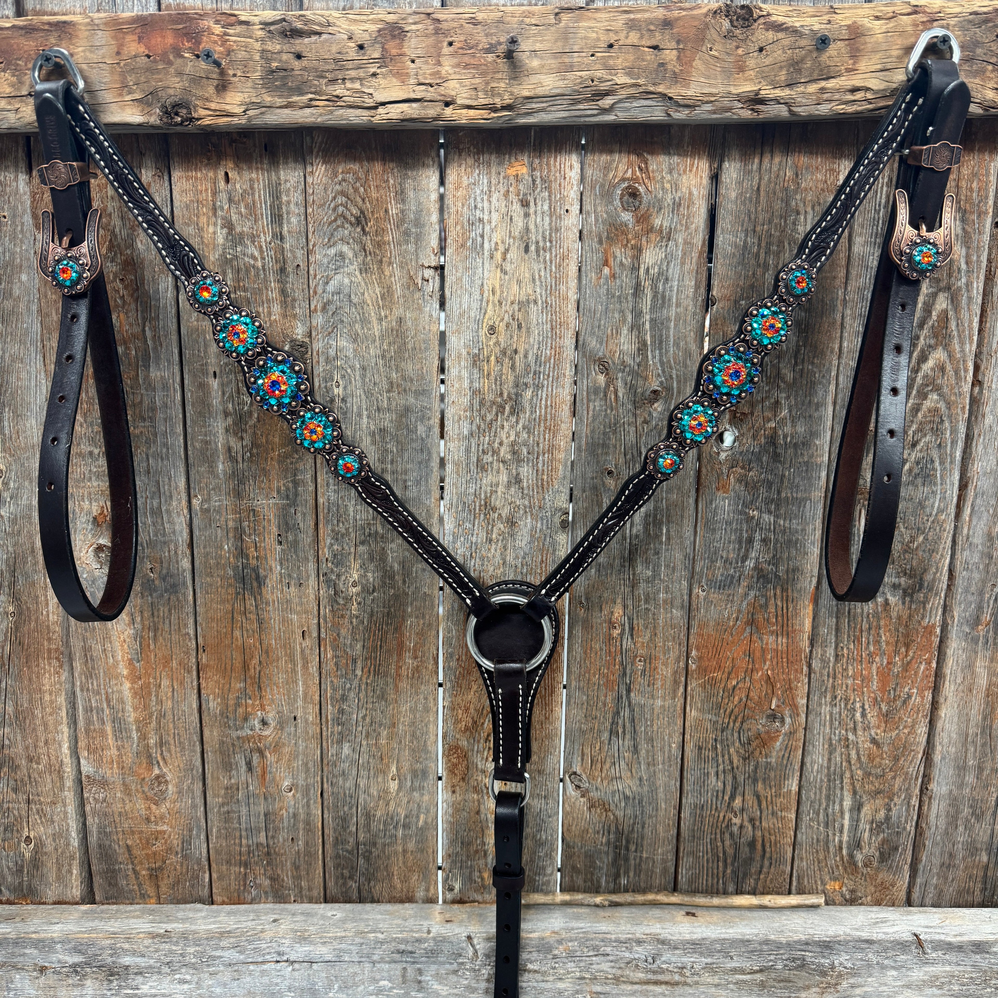 Dark Oil Floral Capri, Fire Opal, Teal Browband/One Ear Breastcollar Tack Set #BBBC678 — view 8