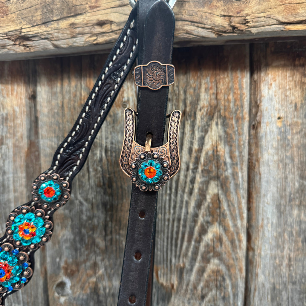 Dark Oil Floral Capri, Fire Opal, Teal Browband/One Ear Breastcollar Tack Set #BBBC678 — view 9
