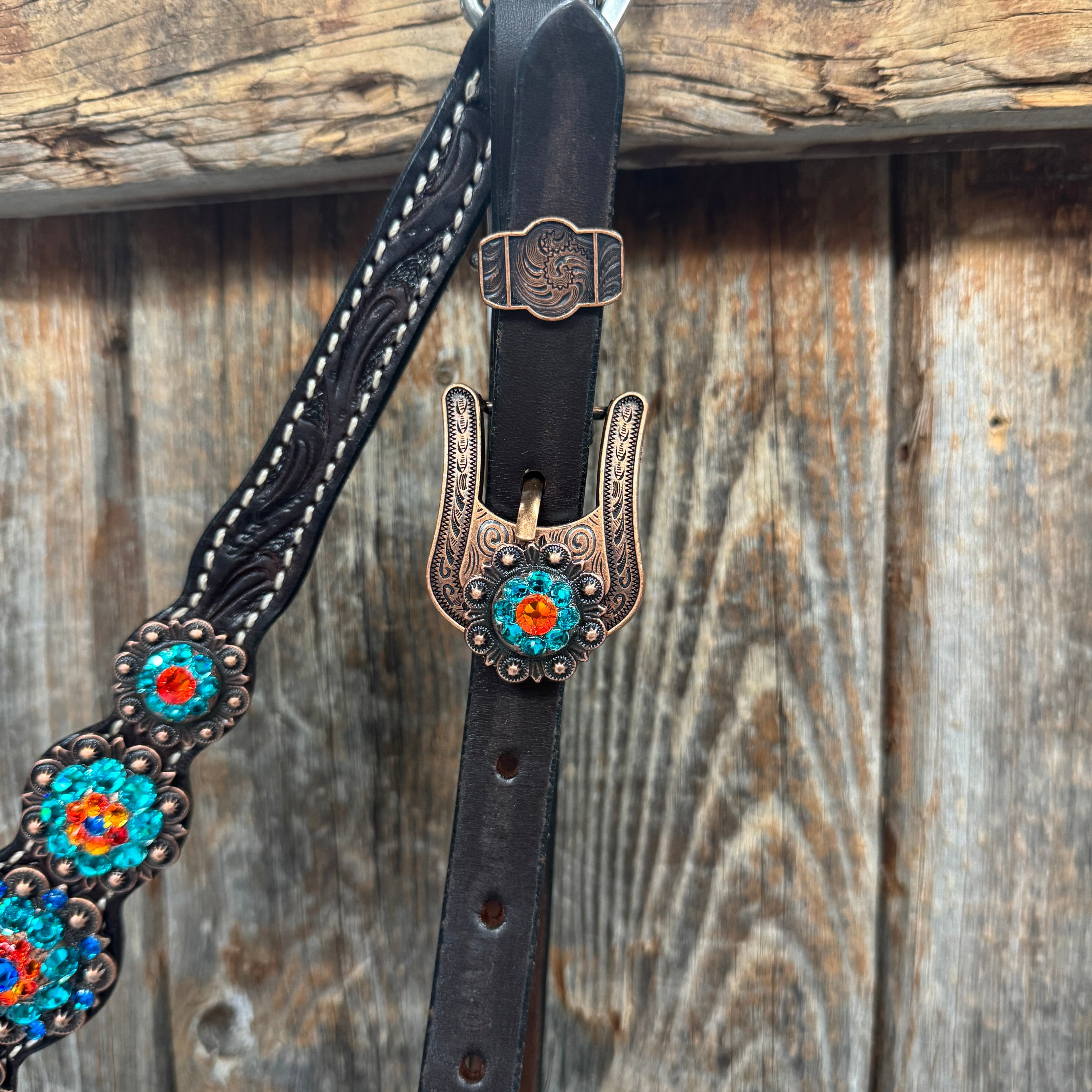 Dark Oil Floral Capri, Fire Opal, Teal Browband/One Ear Breastcollar Tack Set #BBBC678 — view 9