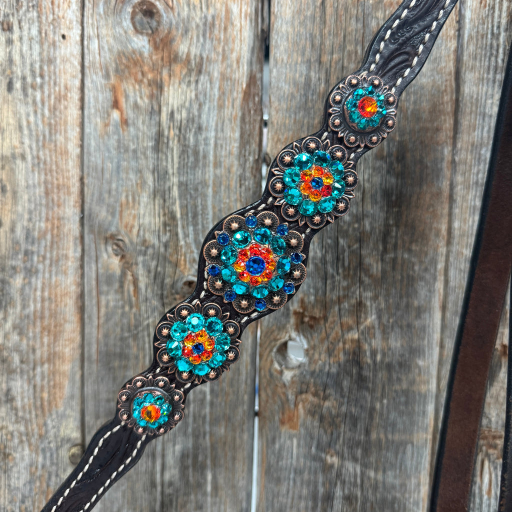 Dark Oil Floral Capri, Fire Opal, Teal Browband/One Ear Breastcollar Tack Set #BBBC678 — view 10
