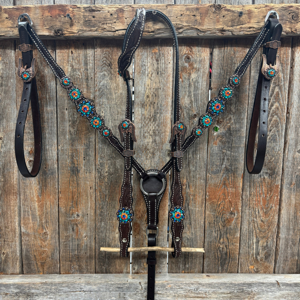 Dark Oil Floral Capri, Fire Opal, Teal Browband/One Ear Breastcollar Tack Set #BBBC678 — view 2