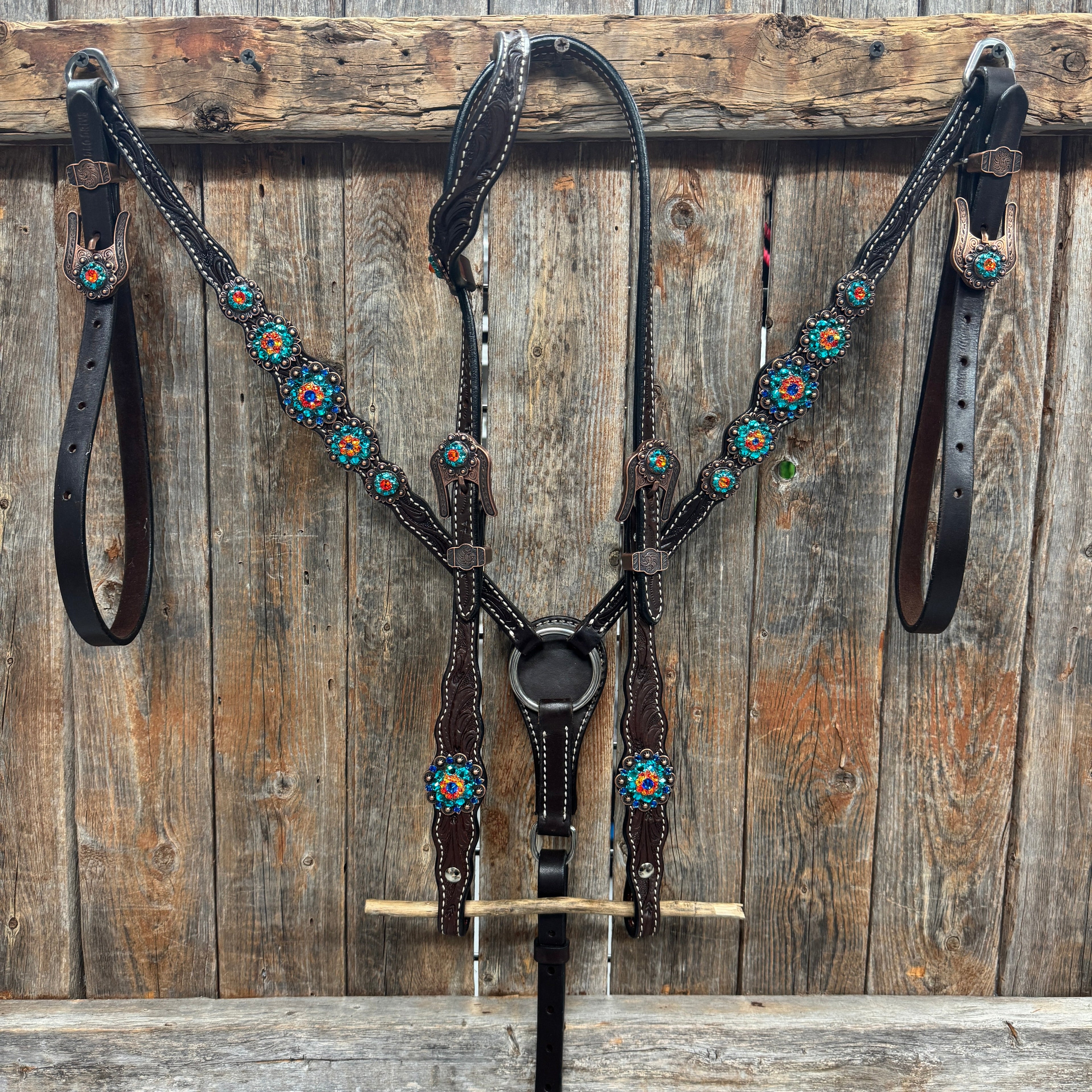 Dark Oil Floral Capri, Fire Opal, Teal Browband/One Ear Breastcollar Tack Set #BBBC678 — view 2