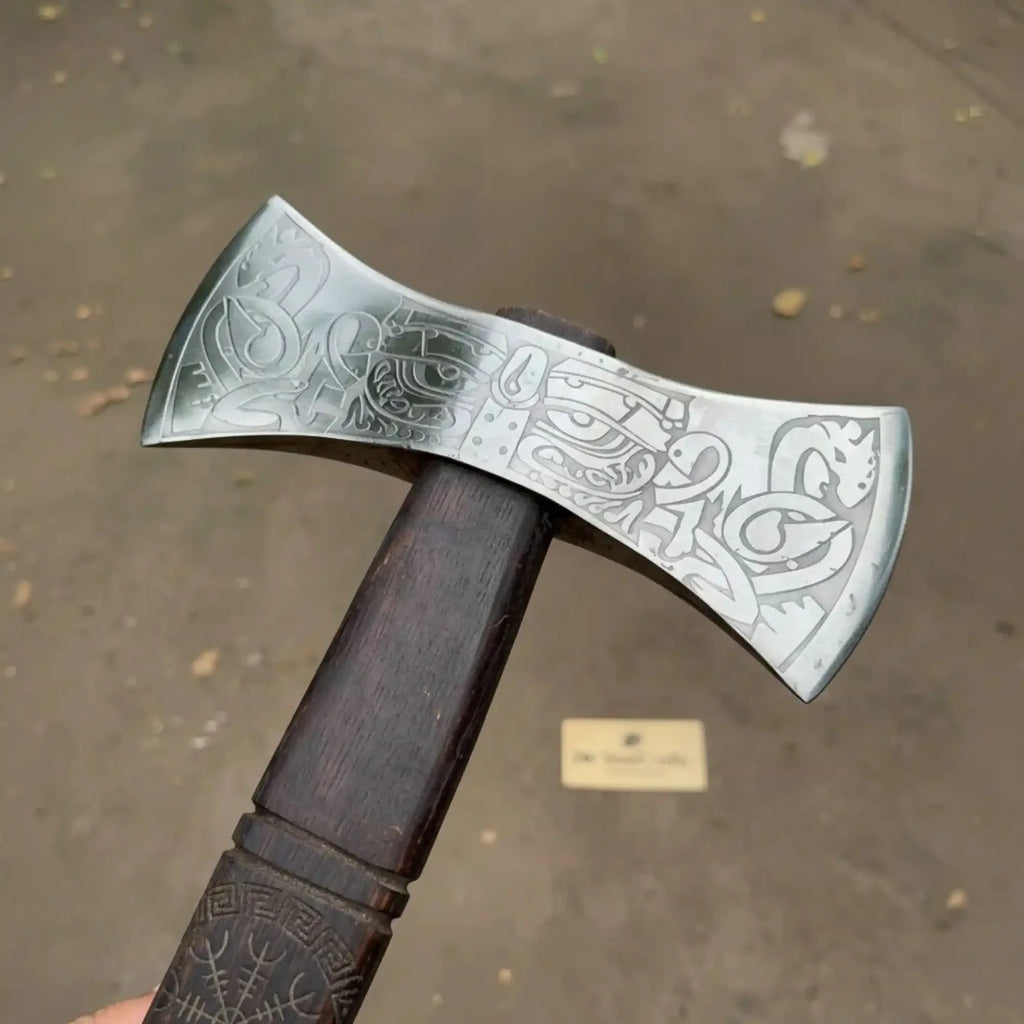 American Double Bit Axe with Wood Handle and Engraved Head