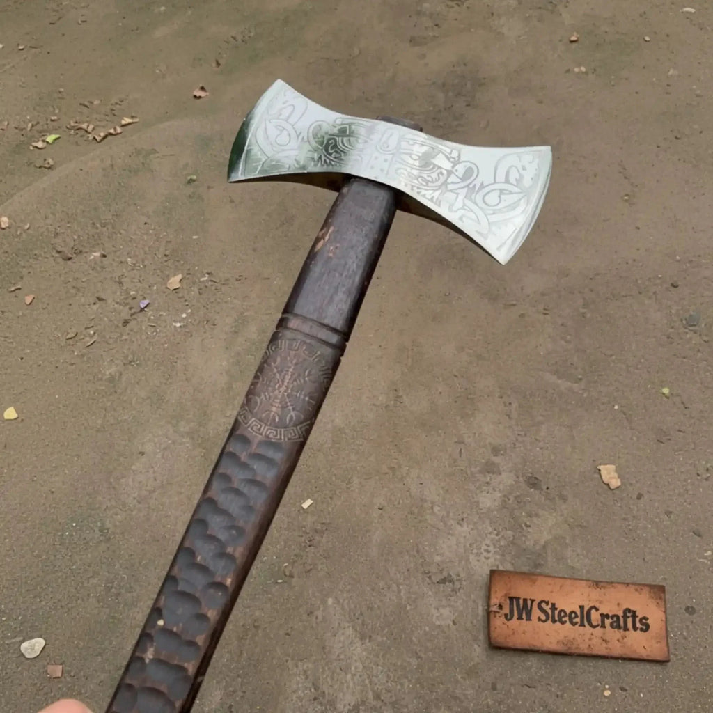 American Double Bit Axe with Wood Handle and Engraved Head