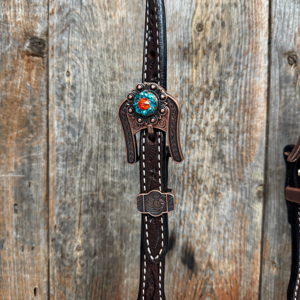 Dark Oil Floral Capri, Fire Opal, Teal Browband/One Ear Breastcollar Tack Set #BBBC678 — view 5