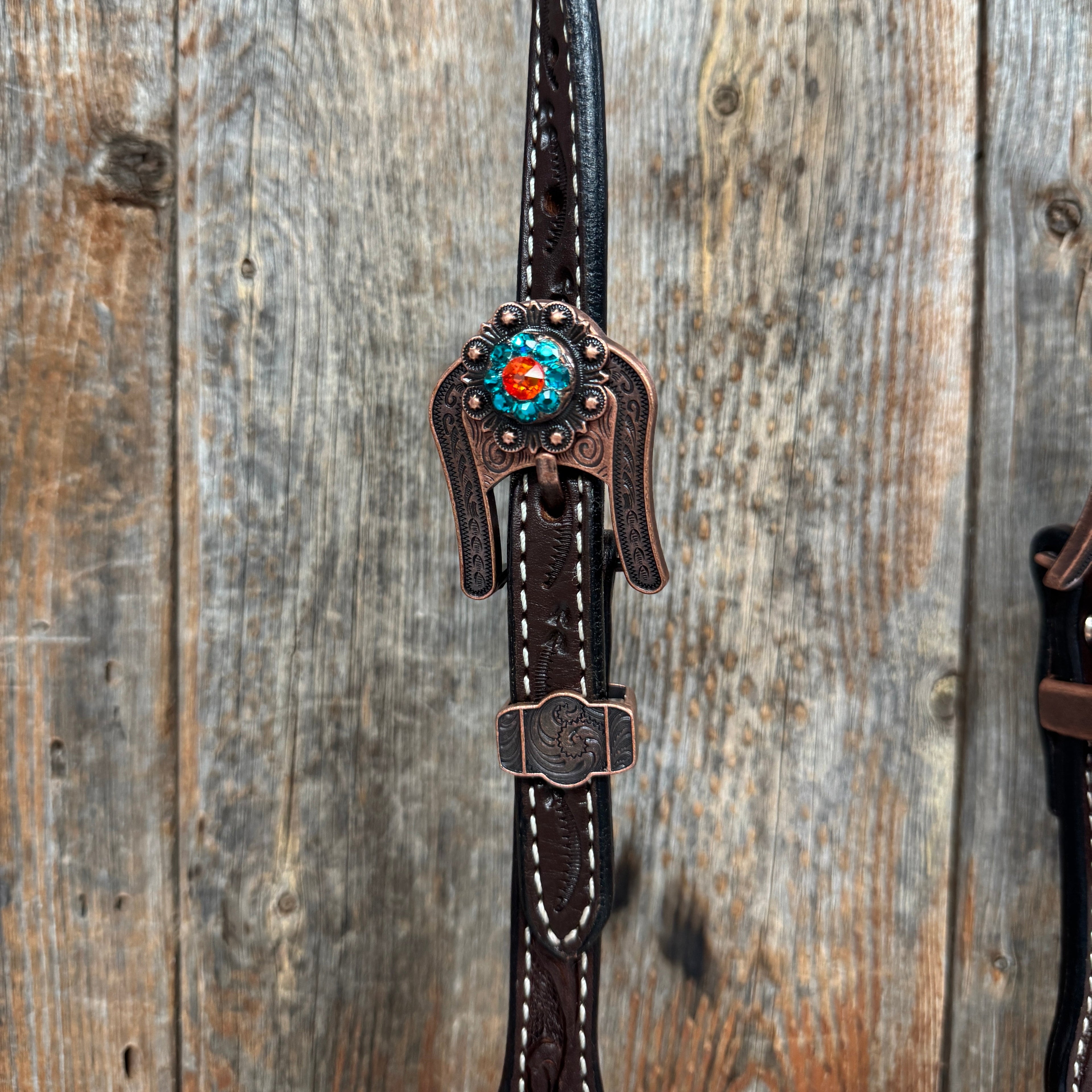 Dark Oil Floral Capri, Fire Opal, Teal Browband/One Ear Breastcollar Tack Set #BBBC678 — view 5