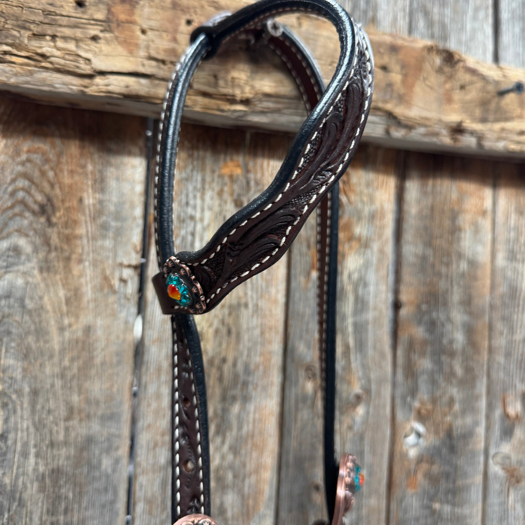 Dark Oil Floral Capri, Fire Opal, Teal Browband/One Ear Breastcollar Tack Set #BBBC678 — view 7