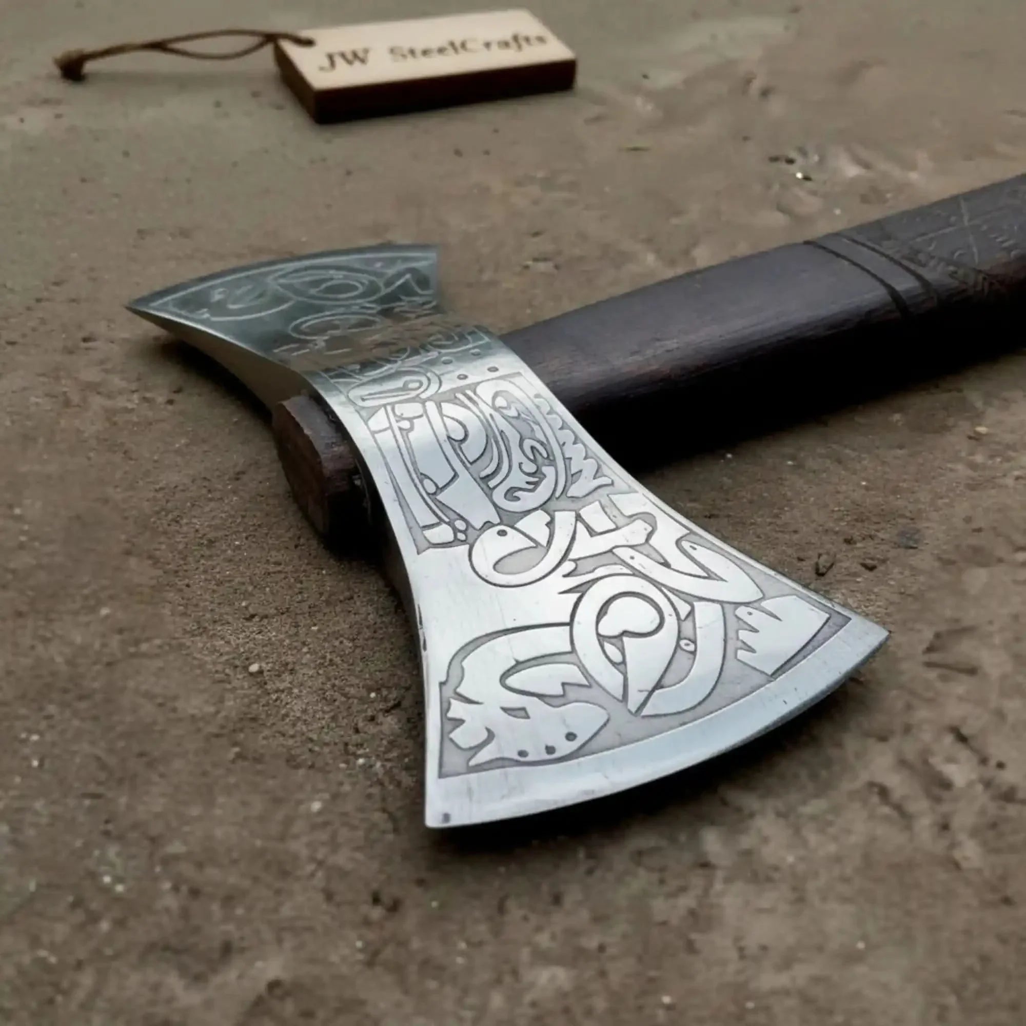 American Double Bit Axe with Wood Handle and Engraved Head