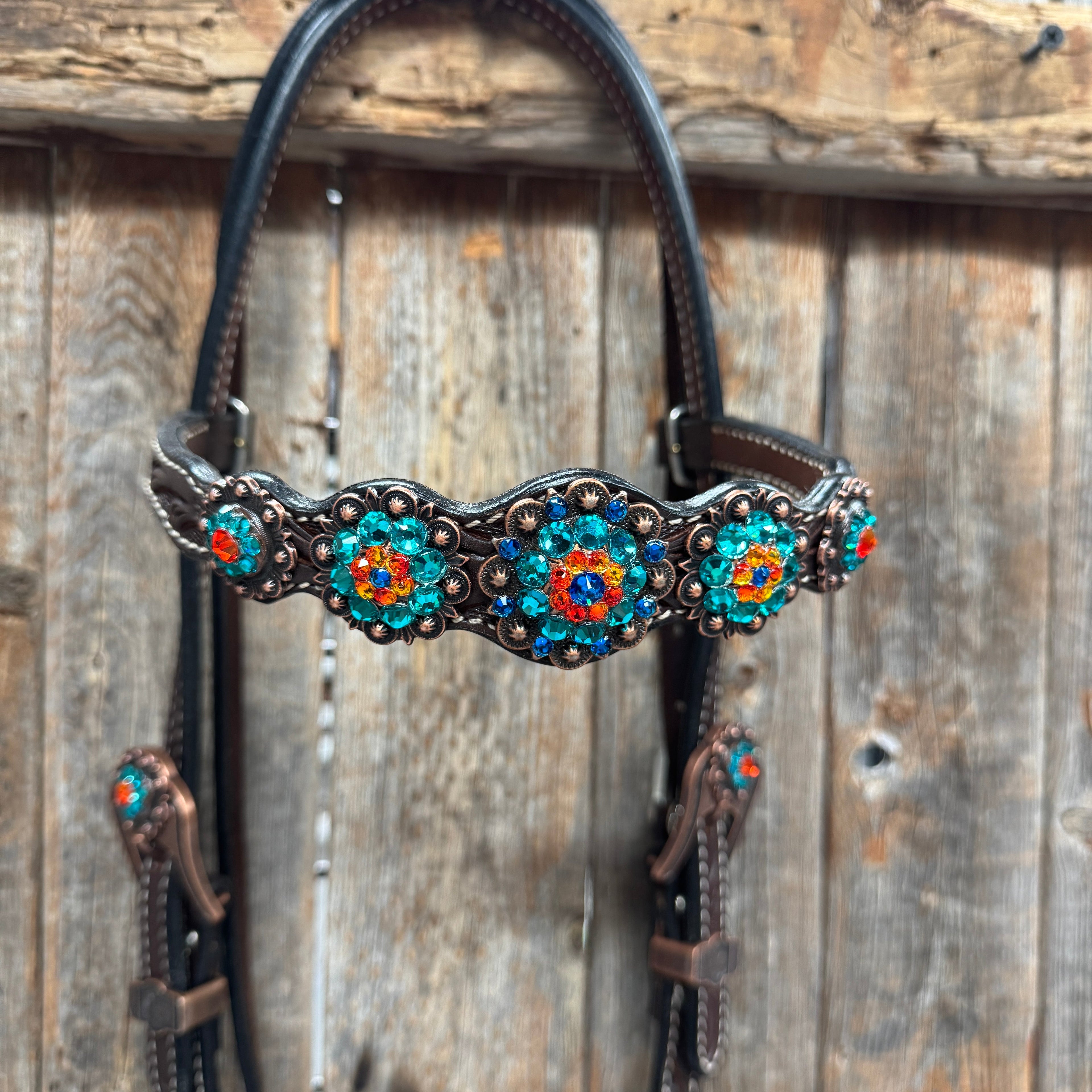Dark Oil Floral Capri, Fire Opal, Teal Browband/One Ear Breastcollar Tack Set #BBBC678 — view 4