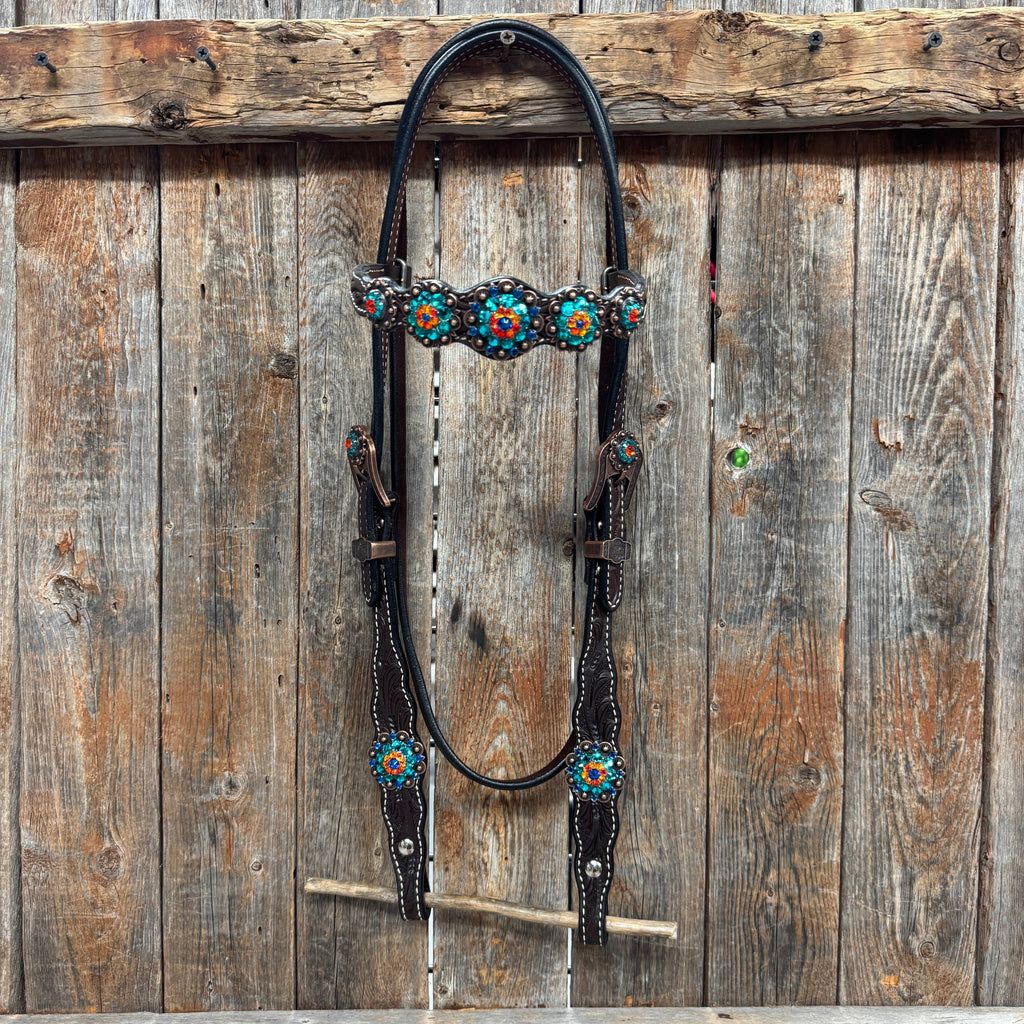 Dark Oil Floral Capri, Fire Opal, Teal Browband/One Ear Breastcollar Tack Set #BBBC678 — view 3