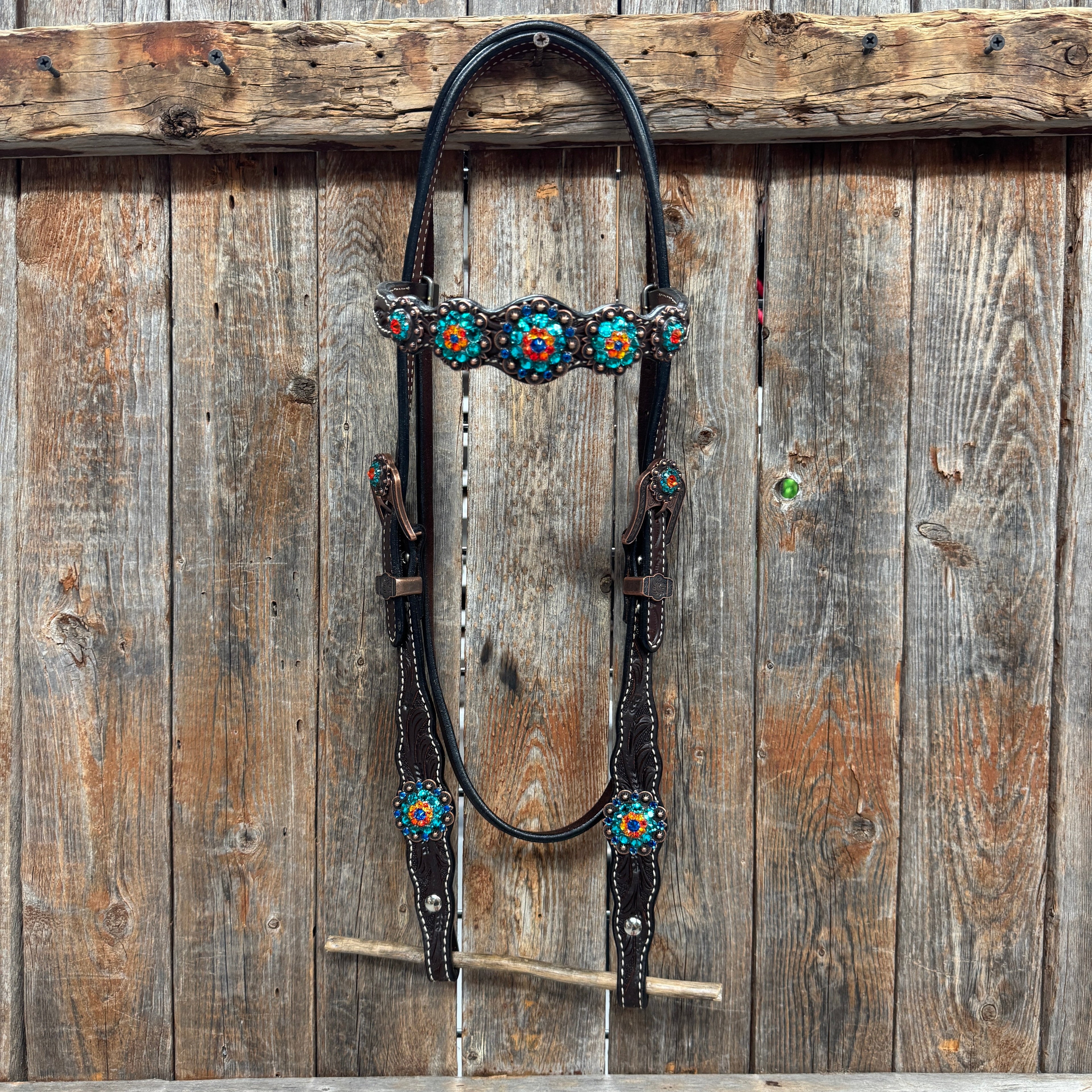 Dark Oil Floral Capri, Fire Opal, Teal Browband/One Ear Breastcollar Tack Set #BBBC678 — view 3