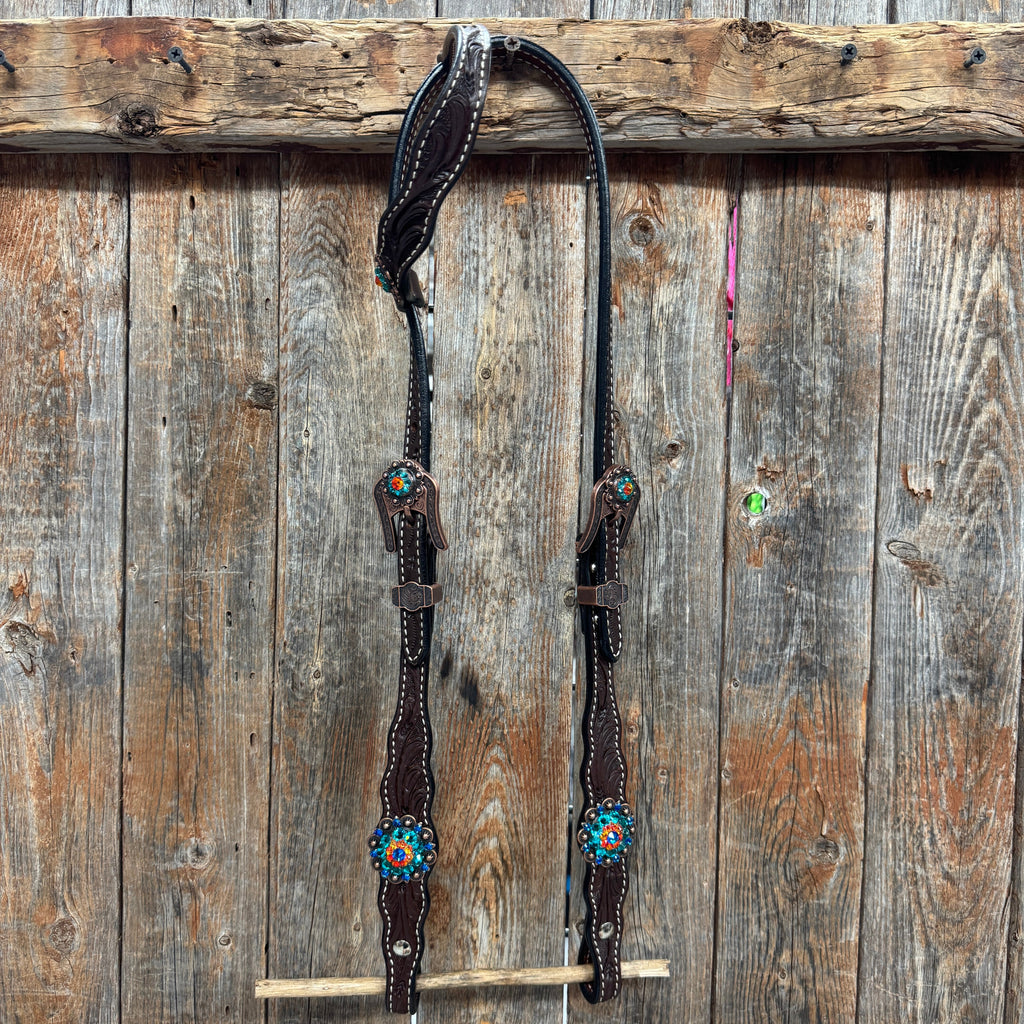Dark Oil Floral Capri, Fire Opal, Teal Browband/One Ear Breastcollar Tack Set #BBBC678 — view 6